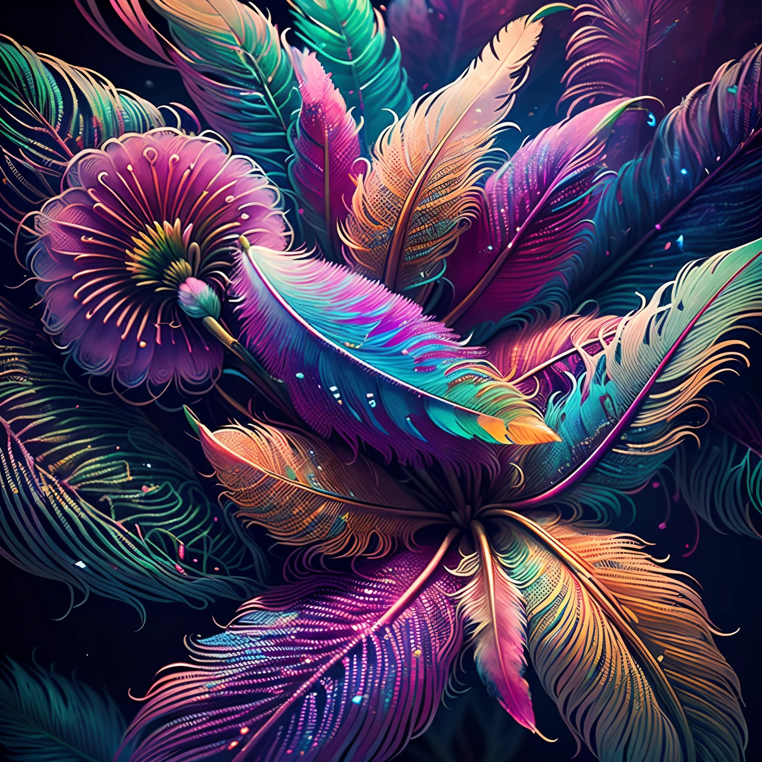 Riff Style 2 (top-quality, Best Quality, Official art, Plants and bird feathers, Beautiful and aesthetic flowers:1.2), (clematis:1.3), Extremely detailed,(Fractal Art:1.1),(Colorful:1.1)(Flowers:1.3),highest details,(Zentangle:1.2), (Dynamic Pose), (Colorful abstract background:1.3), (Glossy flowers), (Many colors:1.4), Colorful Accessories, (Feathers:1.5)