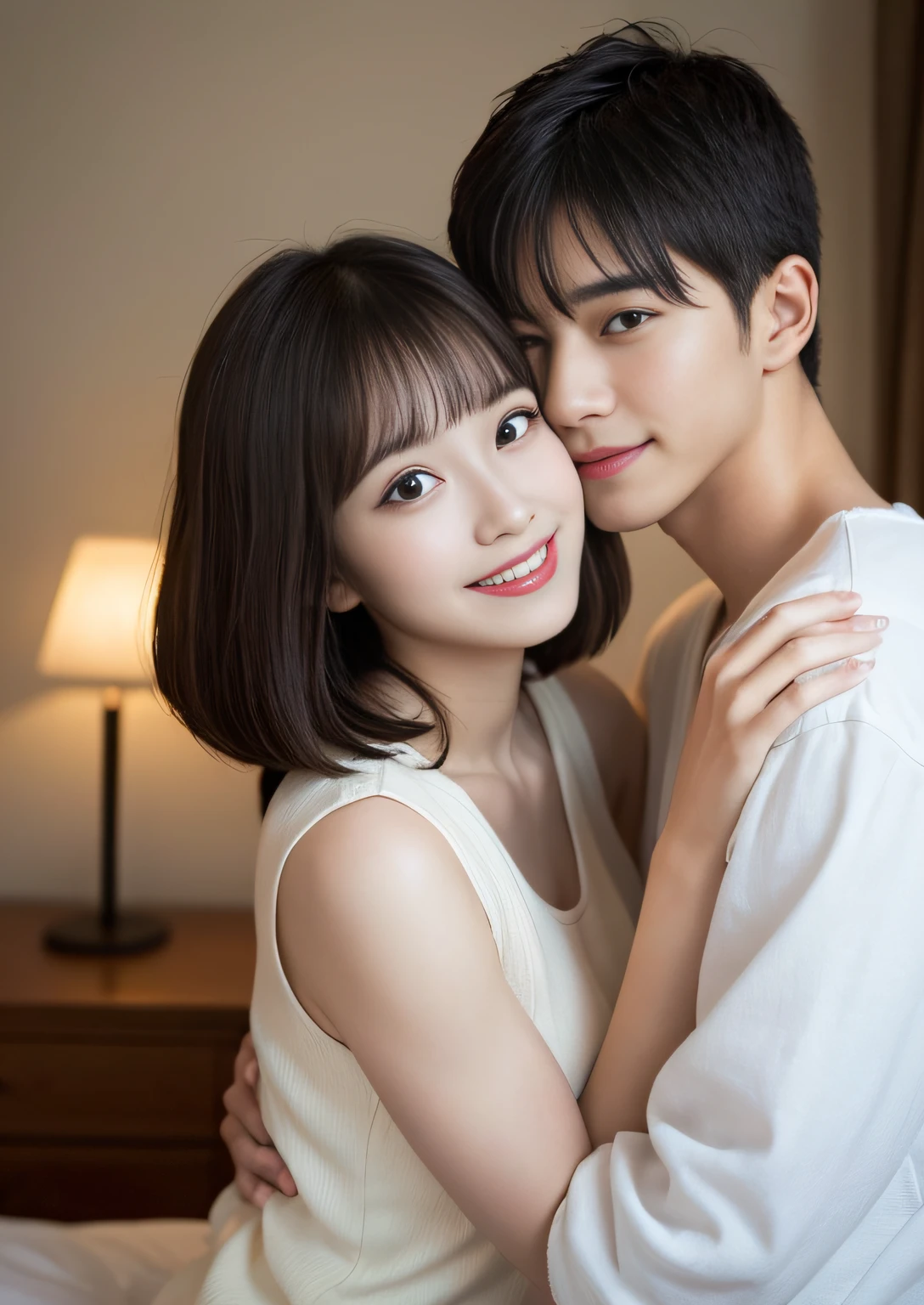 finely detail, hight resolution, hightquality、Perfect dynamic composition, Beautiful detailed eyes, Bob Layer Cut、Natural Color Lip, despise、frombelow、25-years old、both sexes、a couple、Lovers、Muscular man and woman hugging each other、Transparent skin、Glowing hair、Bedrooms、sitting on a bed、inside in room、frontage、beauty legs、Shake your head、Genius genius smile、A slight smil、A smile、Looking at the camera、look at a camera
