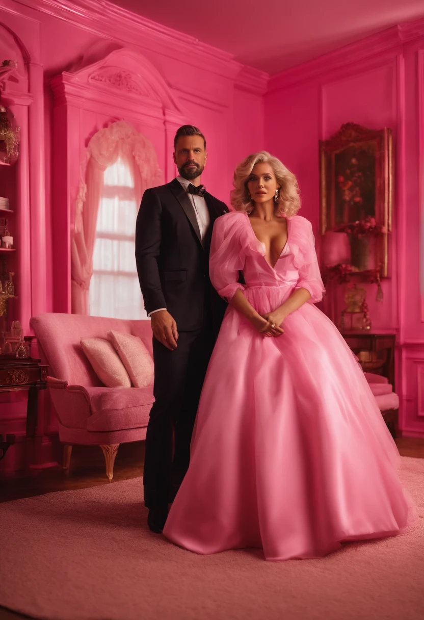 man and woman rich CEO billionaire executives, married couple, posing in front of a plastic pink dollhouse inside a living room, movie villains, cinematic