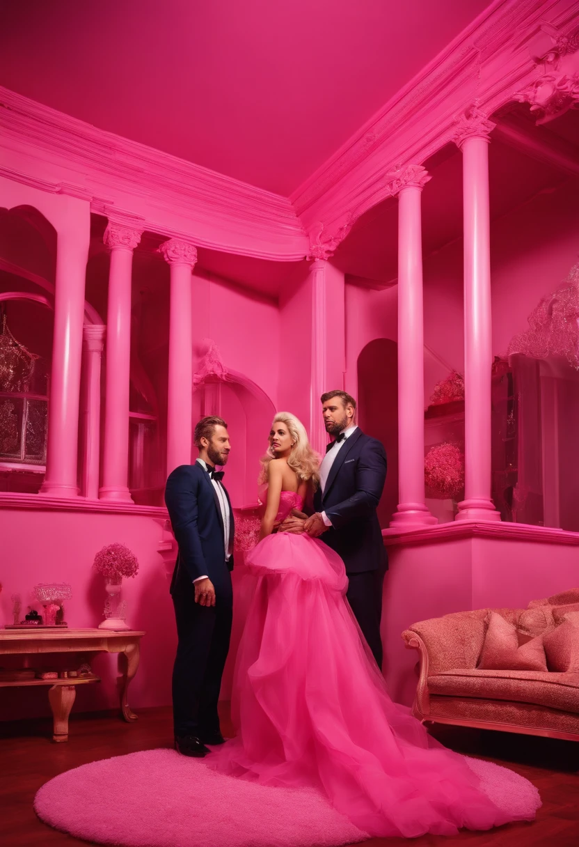 man and woman rich CEO billionaire executives, married couple, posing in front of a plastic pink dollhouse inside a living room, movie villains, cinematic