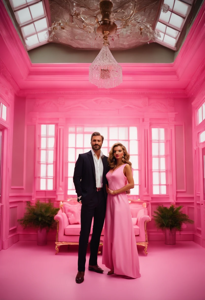 man and woman rich CEO billionaire executives, married couple, posing in front of a plastic pink dollhouse inside a living room, movie villains, cinematic