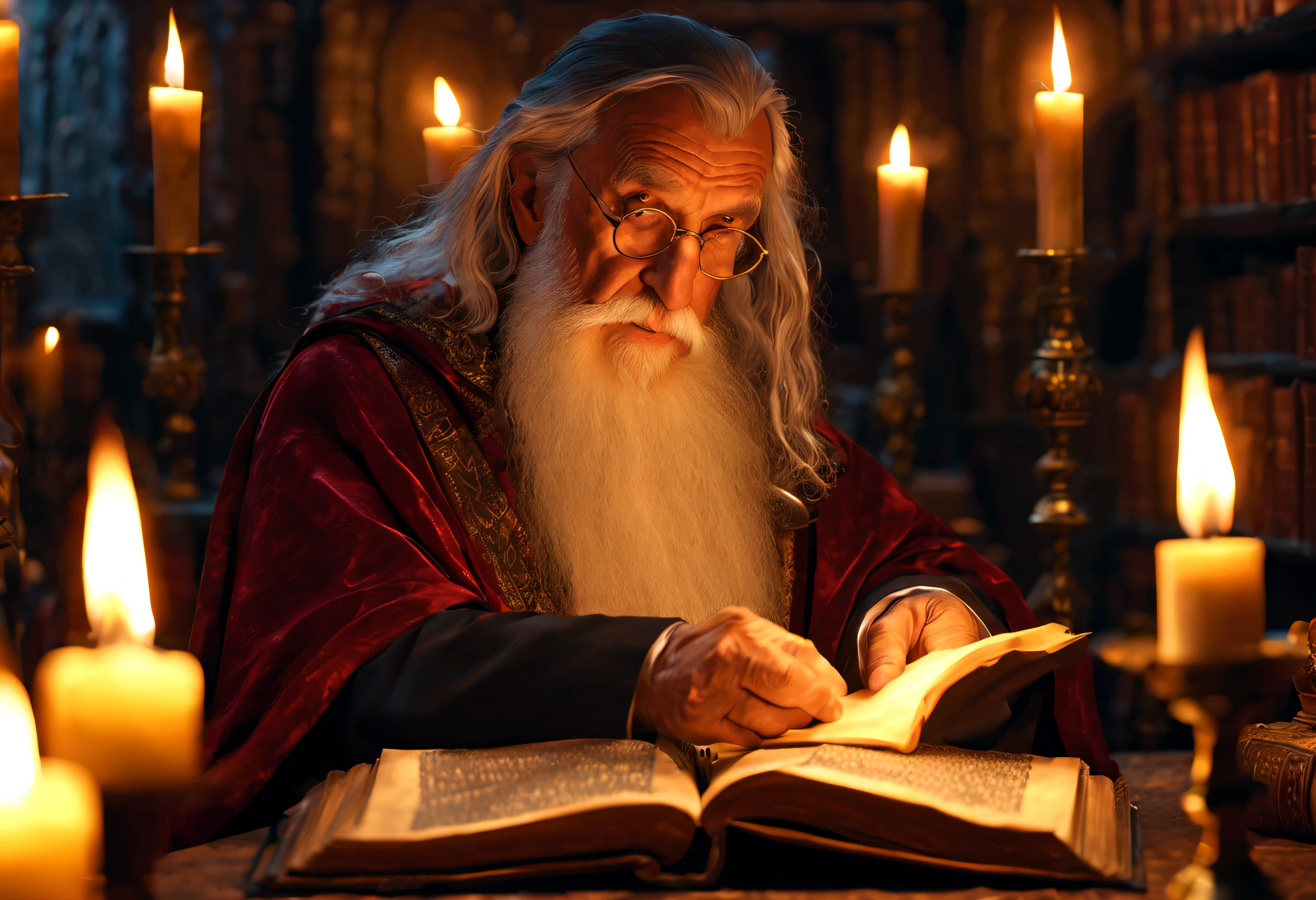 best quality, 4k, 8k, high resolution, masterpiece: 1.2), ultra detailed, (realistic, photorealistic, photorealistic: 1.37). A wise old magician reading an ancient tome by candlelight in an ancient library. In the middle of a magical ritual. Tolkien-style magical atmosphere.