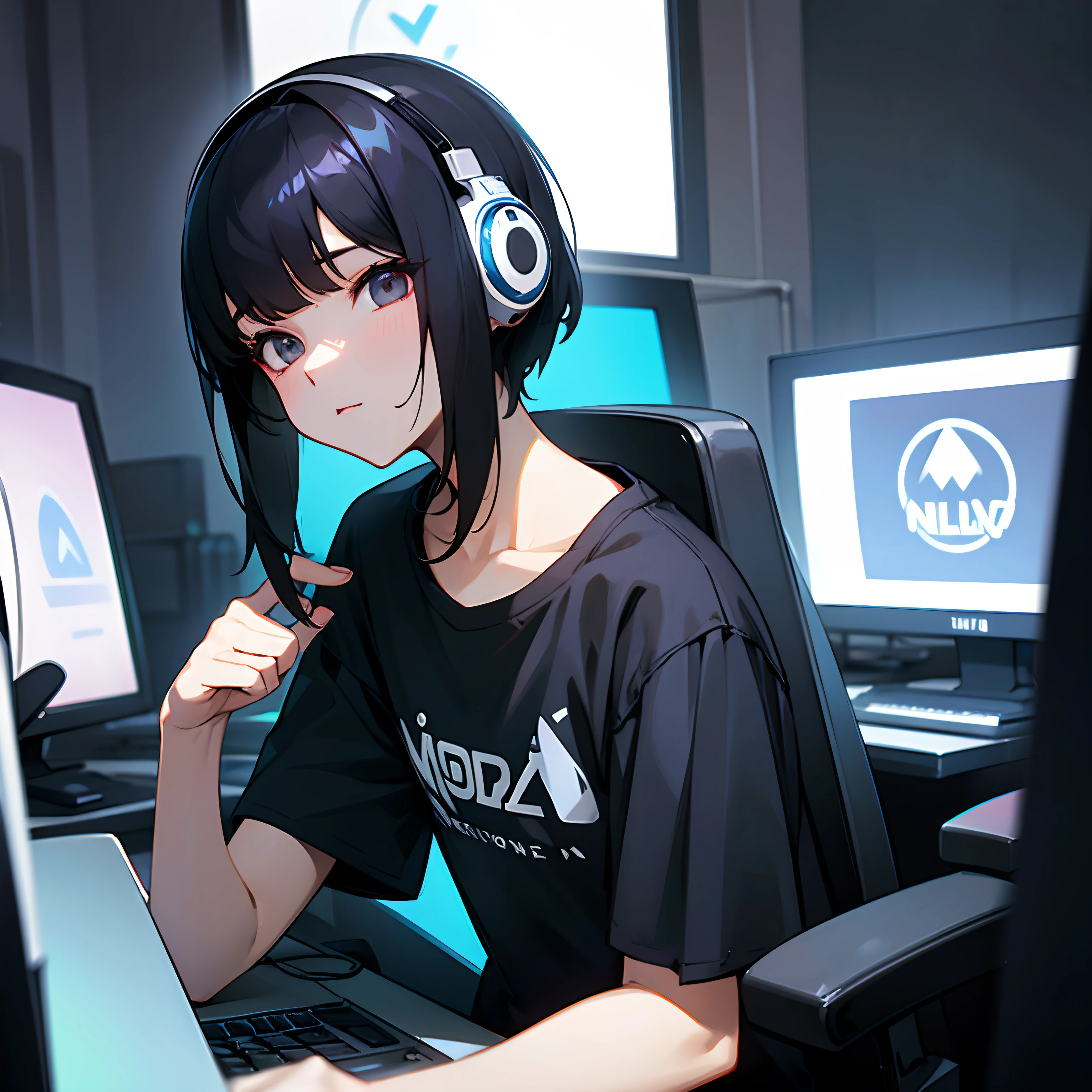 A dark-haired、cool、games、short-cut、head phone、tshirts、gamer、personal computers、a cool、Wolfhair、Neckline Long、neuter