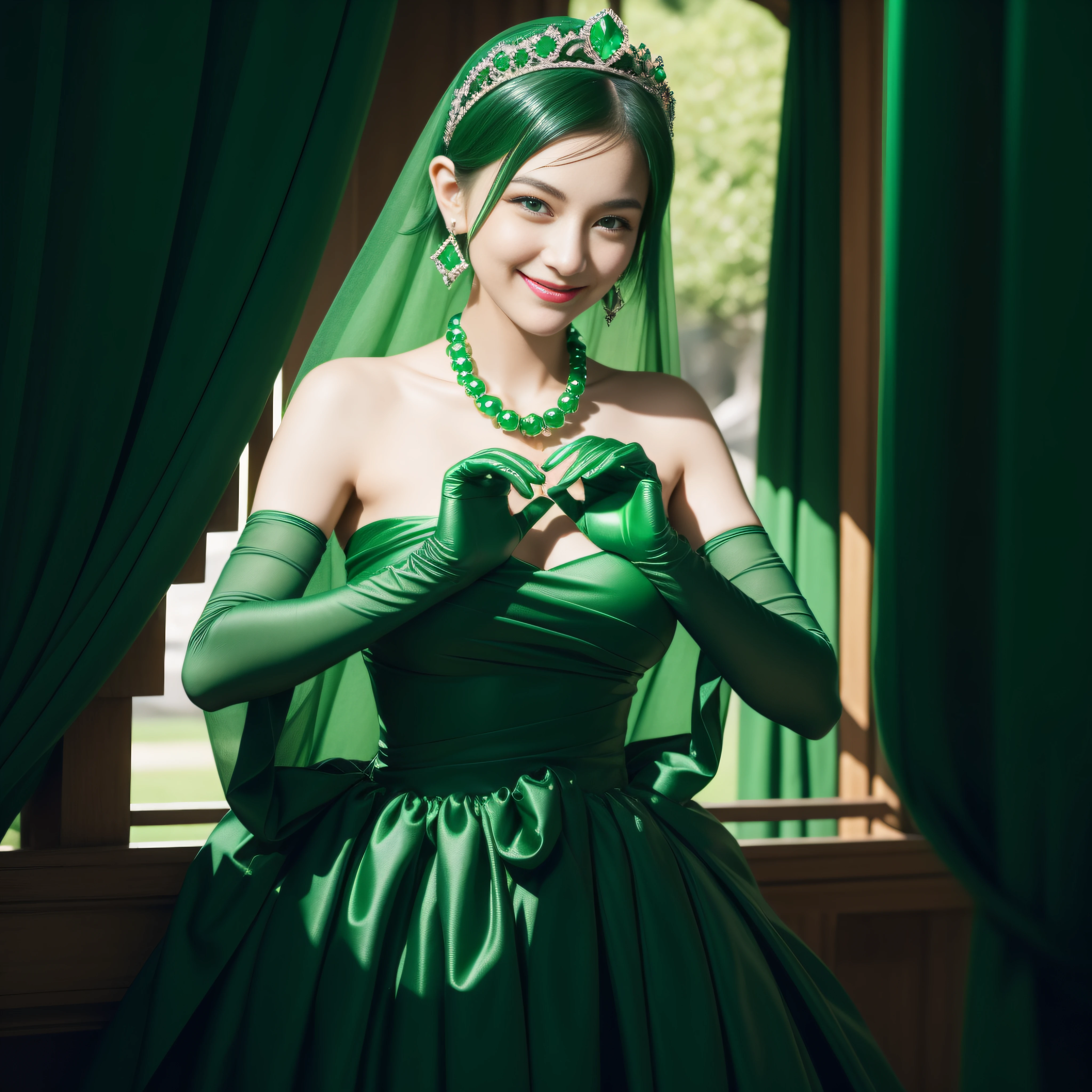 emerald tiara, Green Pearl Necklace, Boyish very short black hair, lipsticks, Japan woman smiling, very short short hair, big breasts beautiful, Green eyes, Long green gloves made of satin material, Green eyes, Emerald Earrings, green vale, Heart with both hands,Black hair