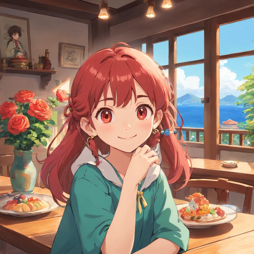 5 year old girl sitting at the dining table，largeeyes，ssmile，Juice on the table，for breakfast，Sunny sea view from the window，Warm and healing，Cute expressions，Roses by the window，The color hair，Red hair cord，shining brightly，Half-blood kawaii，Bohemian dream earrings，Clothes national style