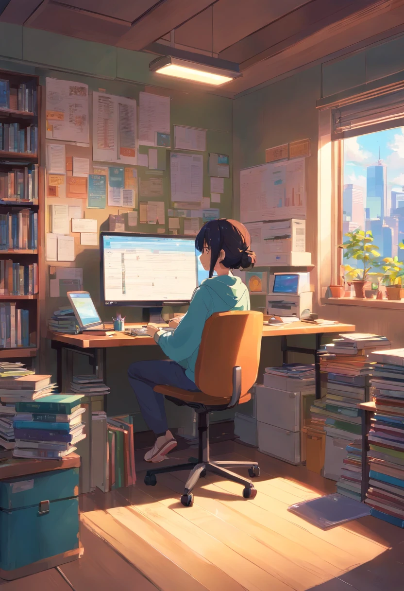 The desk is equipped with a large screen computer,There are some books next to it,Extreme pixels
