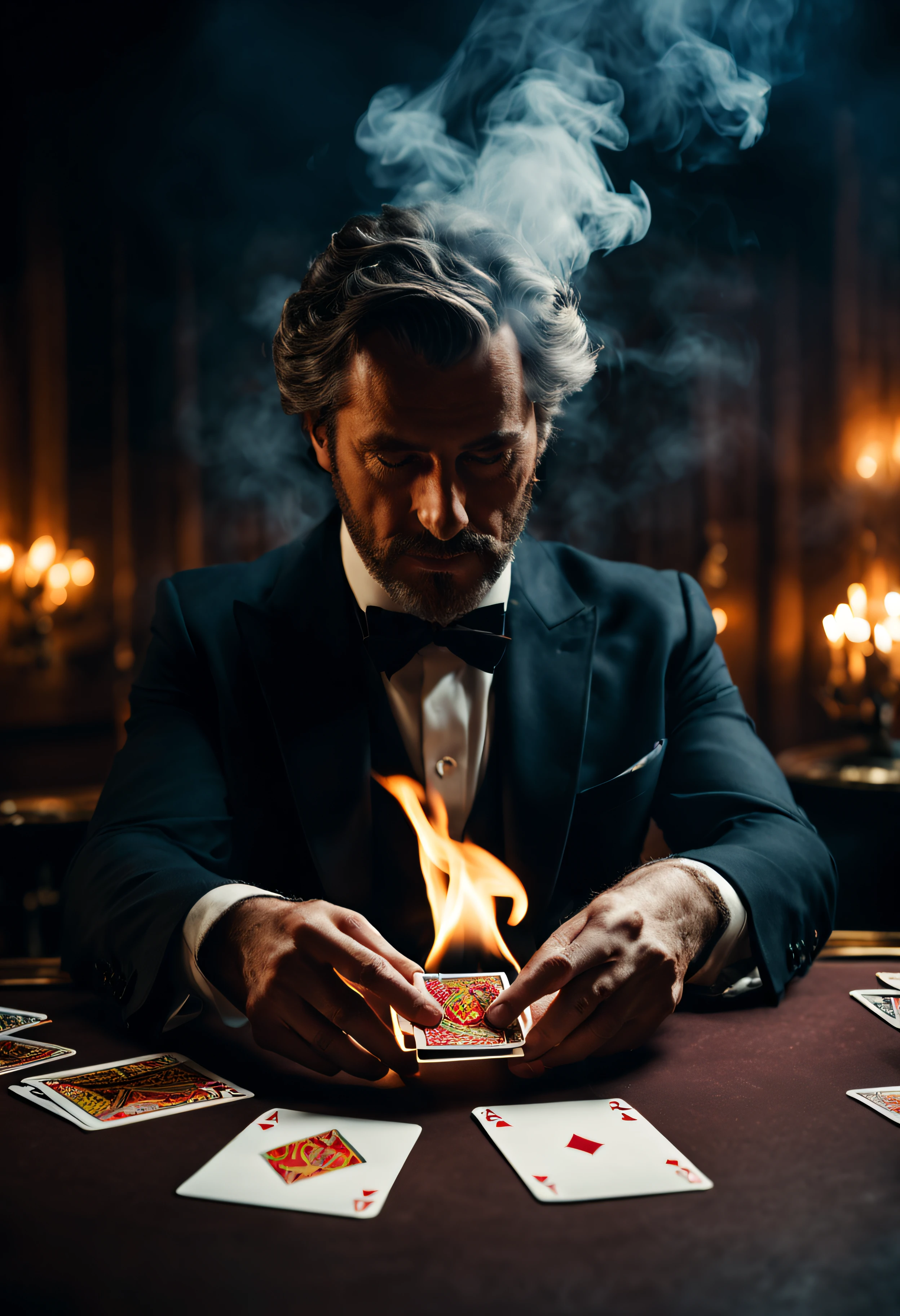 The magician skillfully manipulates the deck of cards, card on fire, smoke rising, cinematic shot + dynamic composition, incredibly detailed, sharpen, details + intricate detail + professional lighting, film lighting + 35mm + anamorphic + lightroom + cinematography + bokeh + lens flare + film grain + HDR10 + 8K + Roger Deakins, ((cinematic))