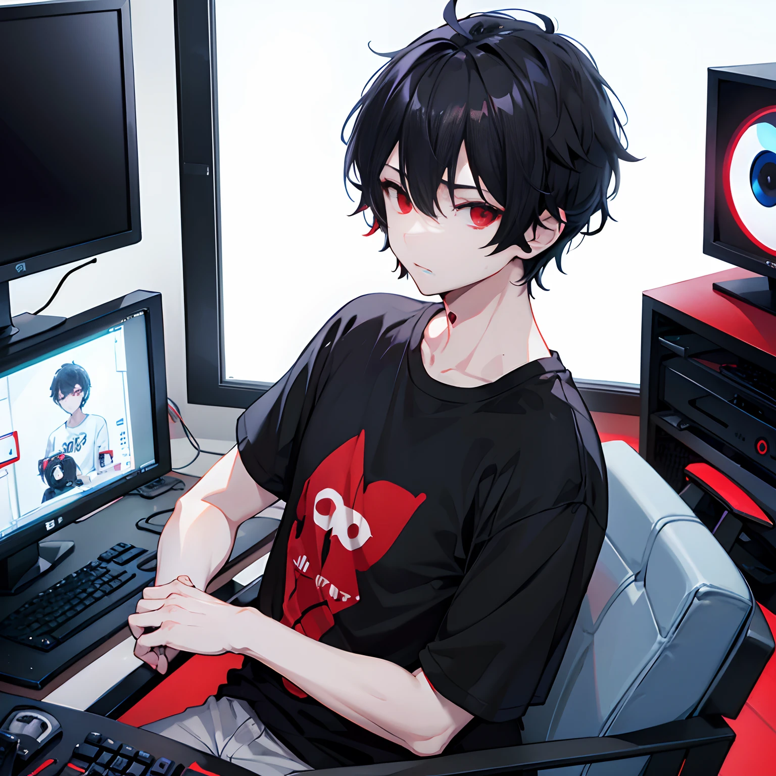 A dark-haired、Cool、games、short-cut、head phone、tshirts、gamer、personal computers、a cool、Wolfhair、Neckline Long、neuter、Cheek cane、Eye of the cut、Red Eyes