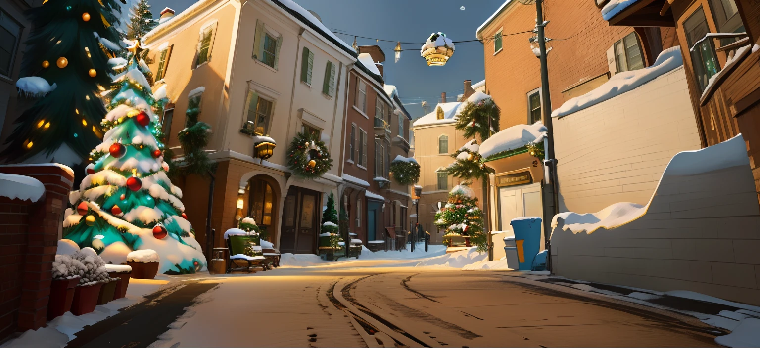 christmas，Christmas atmosphere，There is a small street in the United States，Arte conceitual de inverno,The shops are all dressed up for Christmas，Heavy snow covered the streets and houses，There is a Christmas tree on the street in the city,Snowy views of the town，The drawing style of Harry Potter magical awakening game，Hand drawn 2D painting style，Scene concept art，Beautiful illustrations，pixar zootopia.