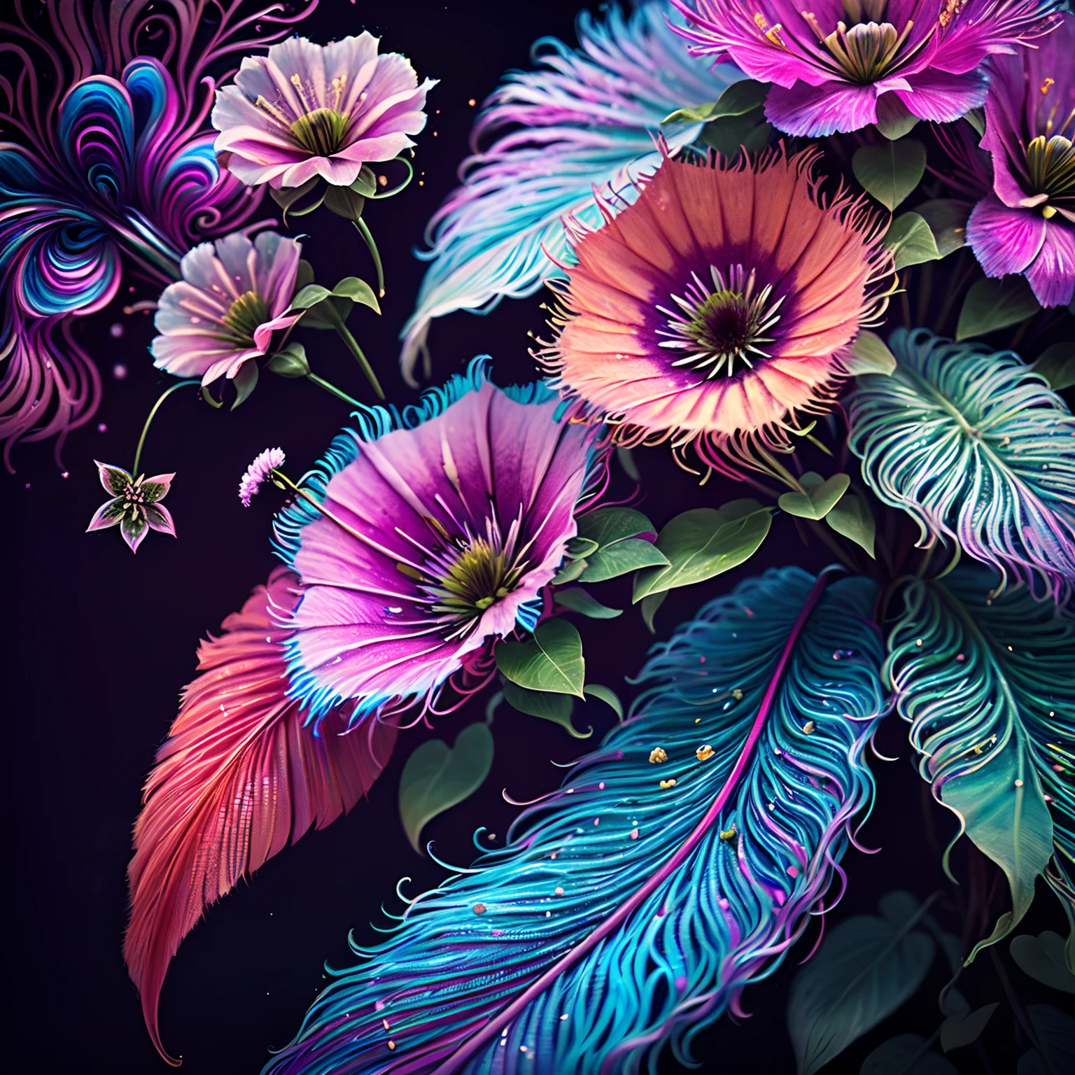 top-quality, Best Quality, Official art, Plants and bird feathers, Beautiful and aesthetic flowers:1.2, (Clematis with realistic flowers:1.3), Extremely detailed,(Fractal Art:1.1),(Colorful:1.1)(Flowers large frontal:1.3),highest details,(Zentangle:1.2), (Dynamic), (Abstract background:1.3), (Many colors:1.4), (Feathers:1.5)