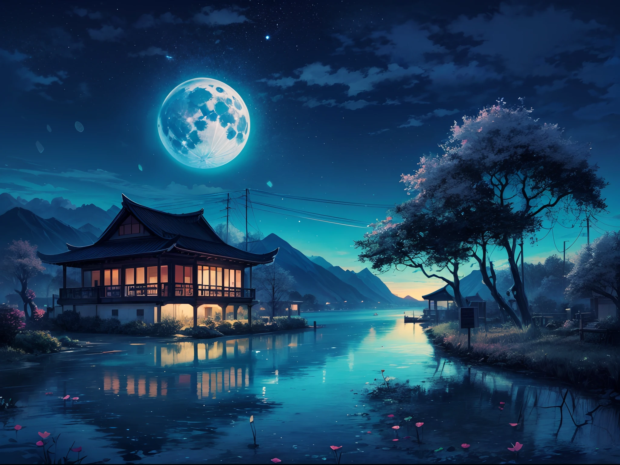 night scene with some house asian, vietnam, viet nam, ha giang, moon, lake in the foreground, calm night, green and blue, digital illustration, 4k highly detailed digital art, night scenery, anime art wallpaper 4k, anime art wallpaper 4 k, 4k detailed digital art, nighttime nature landscape, anime art wallpaper 8 k, background artwork, beautiful art uhd 4 k, 4 k hd illustrative wallpaper