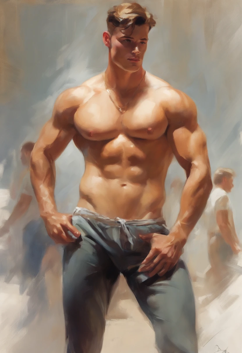 sketch, 20 yo male figure study, young muscle-bound jock, standing, full stocky body, completely naked, totally , , sans clothing, au natural, covering crotch with a white towel, bare butt, crowded gym shower with spraying showers and showering men in background, pastels, by harry bush, James Montgomery Flagg and Lois van Baarle and jim french and rossdraws, detailed realistic eyes, big bare feet, large bulge in crotch, very handsome, beautiful
