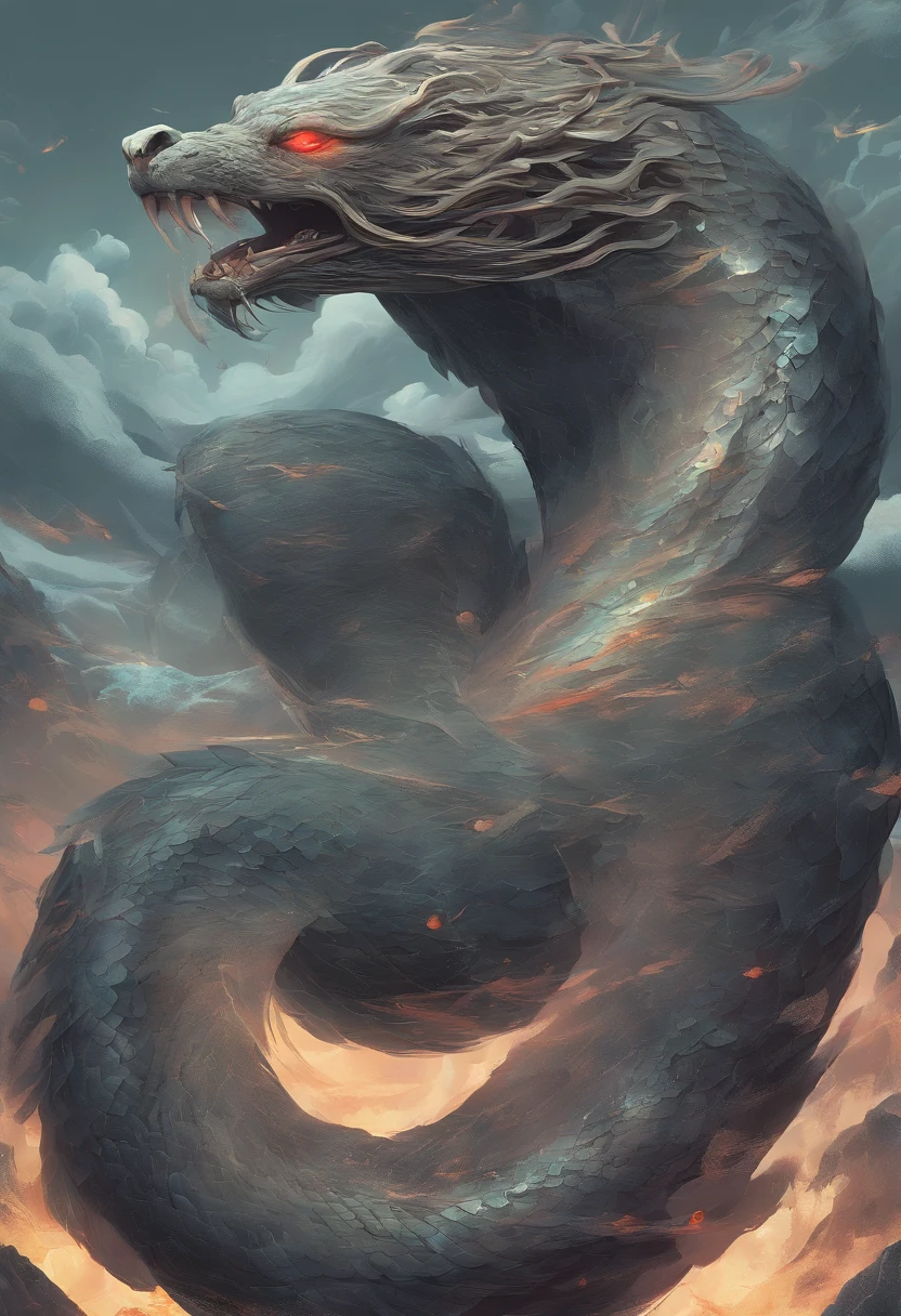 Thai Legend,Serpent,The tail of the snake grows.,There's horns on its head.,roar,severe,Colossal,Red glowing eyes,The sea,Large wave,Surrounded by clouds,,The whole body is, Highly detailed surreal VFX,OC Display,modelshoot style, (CG 8k wallpaper with great detail,Its head resembles a seal. (About twice the size.) And his body may have very pronounced ripples at times., Finally, His back is covered with a kind of sawtooth.: Its length is about 20 meters. (Minimum value), Its color is gray and black.; Its head resembles a seal. (It is about twice the size.) And his body may have very sharp ripples., Finally, its back is covered with a kind of sawtooth.: This reduces the resemblance to the seal, which reduces the resemblance to Ed Blinkey's painting stamp., Atey Ghailan, Ghibli Studio, De Jeremy Mann, Greg Manxadinho, Antonio Moro, Trends in art, trend at CGSociety, intricate, high-detail, crisp focus, breathtaking, Art paintings by Midjourney and Greg Rutkowski, , petals, field,Cast a spell.