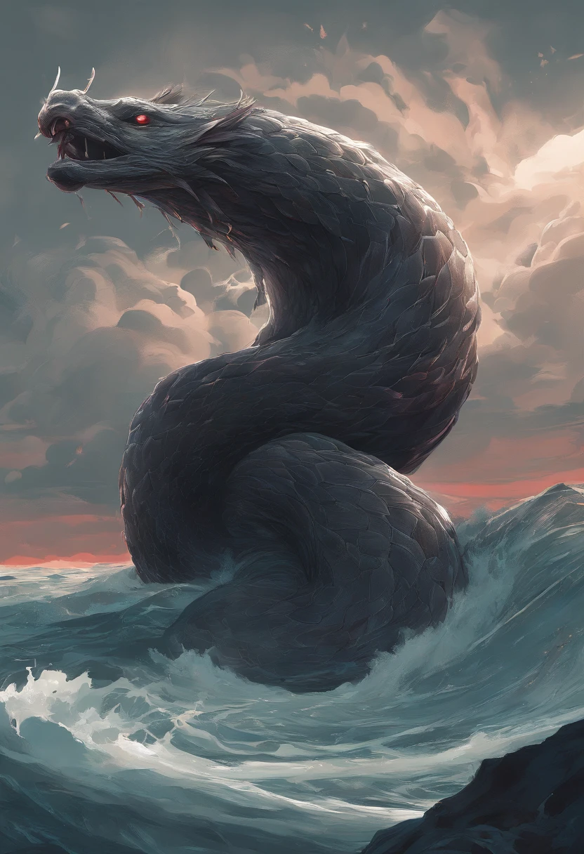 Thai Legend,Serpent,The tail of the snake grows.,There's horns on its head.,roar,severe,Colossal,Red glowing eyes,The sea,Large wave,Surrounded by clouds,,The whole body is, Highly detailed surreal VFX,OC Display,modelshoot style, (CG 8k wallpaper with great detail,Its head resembles a seal. (About twice the size.) And his body may have very pronounced ripples at times., Finally, His back is covered with a kind of sawtooth.: Its length is about 20 meters. (Minimum value), Its color is gray and black.; Its head resembles a seal. (It is about twice the size.) And his body may have very sharp ripples., Finally, its back is covered with a kind of sawtooth.: This reduces the resemblance to the seal, which reduces the resemblance to Ed Blinkey's painting stamp., Atey Ghailan, Ghibli Studio, De Jeremy Mann, Greg Manxadinho, Antonio Moro, Trends in art, trend at CGSociety, intricate, high-detail, crisp focus, breathtaking, Art paintings by Midjourney and Greg Rutkowski, , petals, field,Cast a spell.