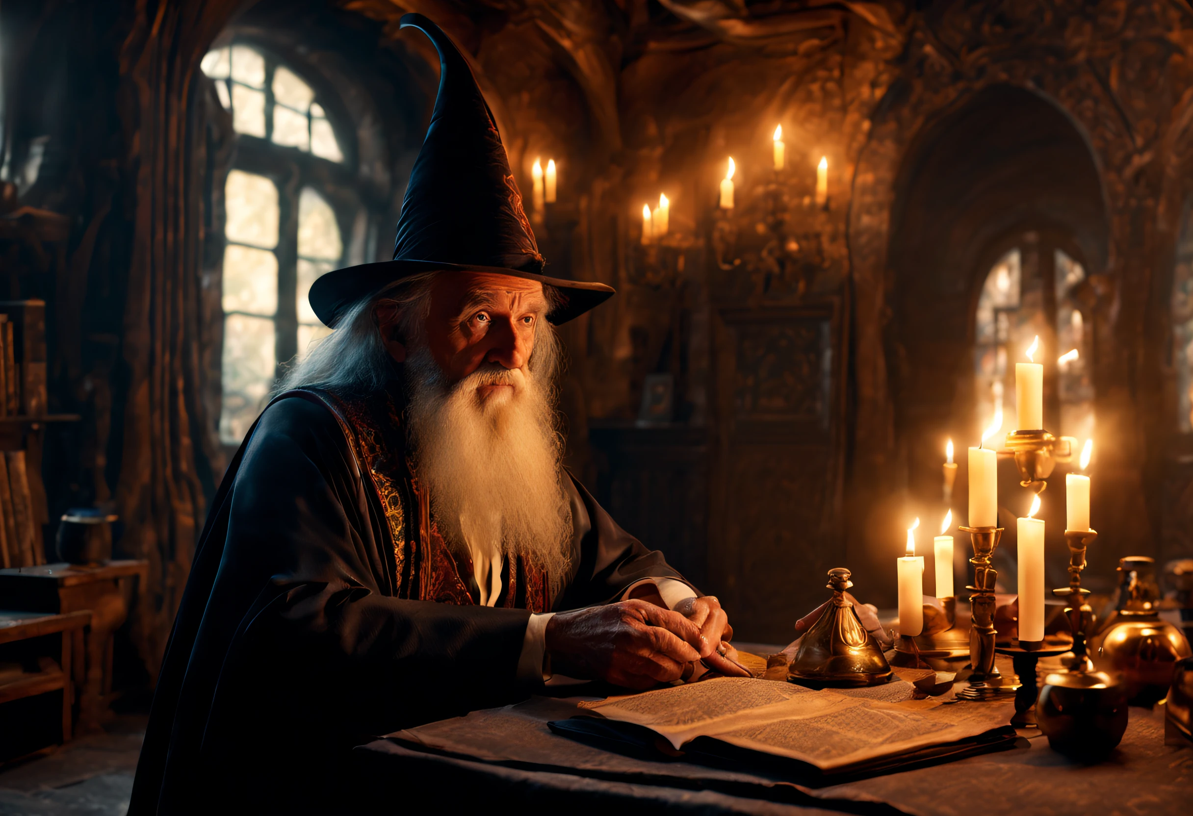 best quality, 4k, 8k, high resolution, masterpiece: 1.2), ultra detailed, (realistic, photorealistic, photorealistic: 1.37). A wise old magician in an old room, in the middle of a magic ritual. Tolkien-style magical atmosphere.