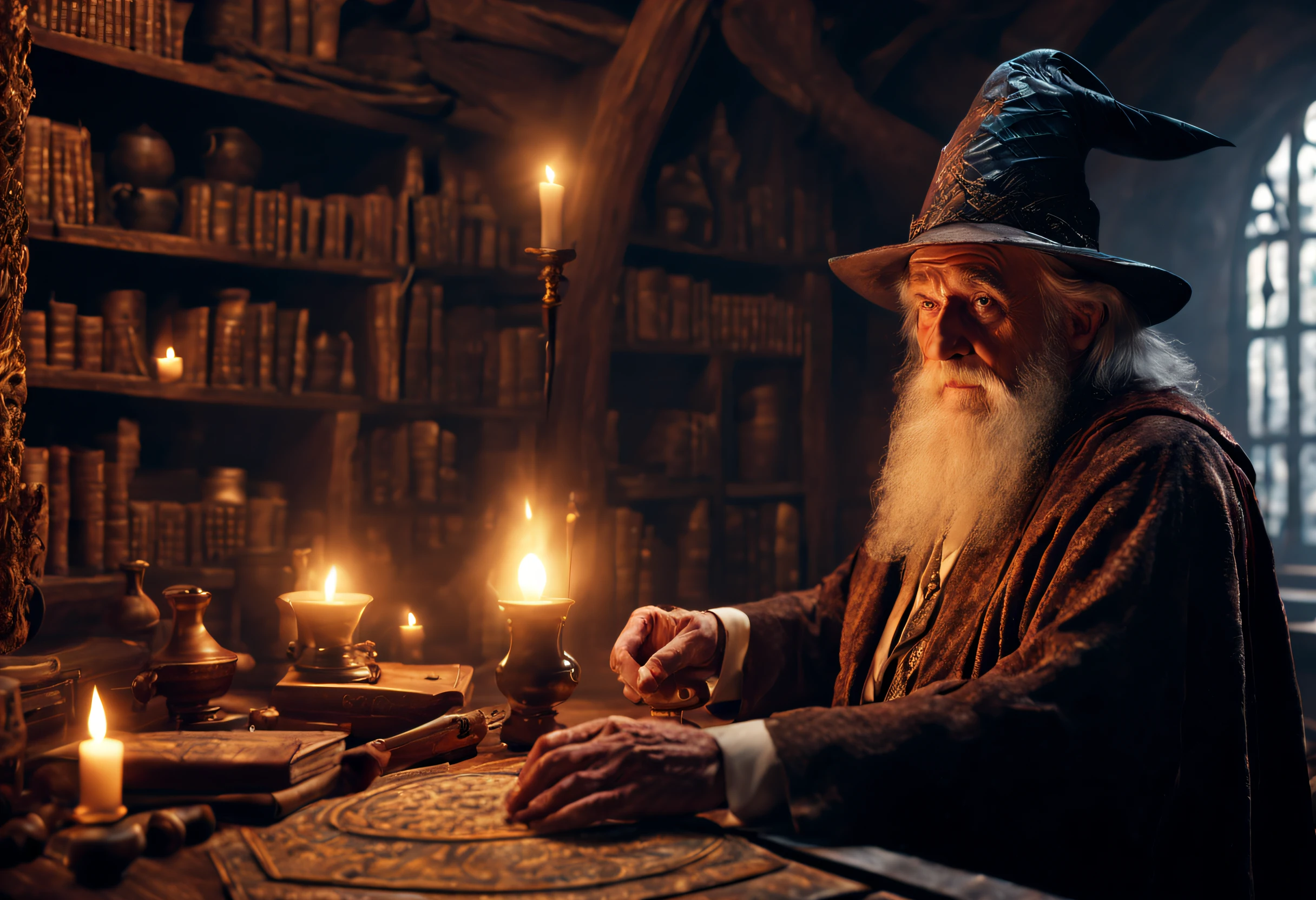 best quality, 4k, 8k, high resolution, masterpiece: 1.2), ultra detailed, (realistic, photorealistic, photorealistic: 1.37). A wise old magician in an old room, in the middle of a magic ritual. Tolkien-style magical atmosphere.