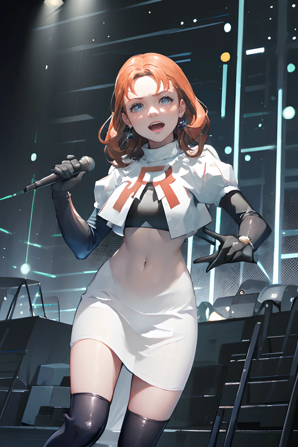 Annette_war's face with beautiful detailed eyes and lips, (on the stage), singing passionately in front of a lively crowd. She holds a microphone firmly in her hand, her voice echoing throughout the venue. With an evil laugh, she embraces her role as a member of Team Rocket, wearing their iconic black uniform with a red "R" letter on it. Her captivating performance is enhanced by her elegant attire, featuring a white skirt and a matching crop top, along with black thigh-highs and elbow gloves. The scene is bathed in vibrant stage lighting, highlighting Annette_war's every move and creating an intense and electrifying atmosphere. The overall image quality is of the highest standard, with ultra-detailed and realistic elements, delivering a masterpiece that showcases professional and vivid colors.