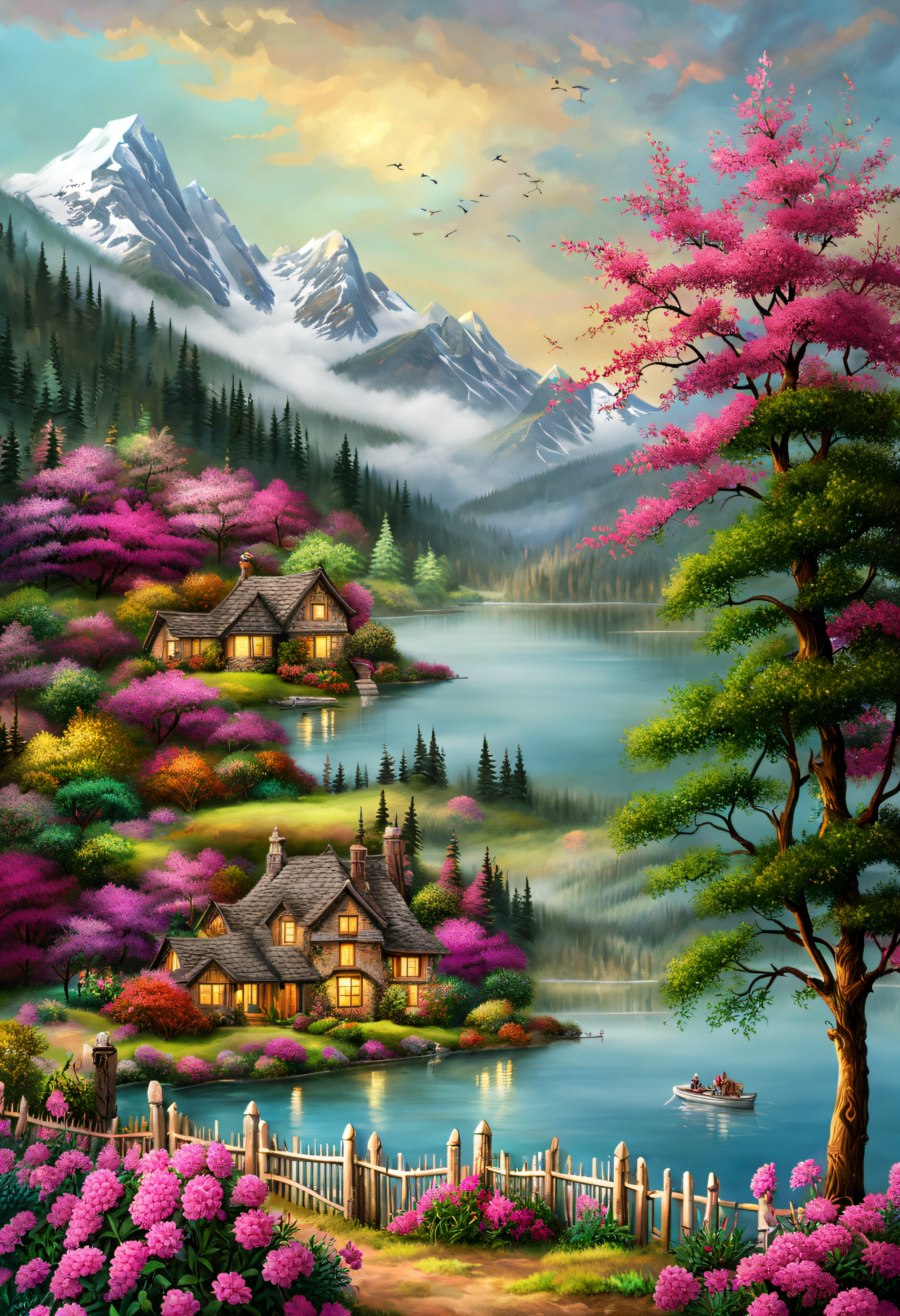 painting of a cottage, flowers beside of fence, fence along the road, mountain landscape with a lake and a boat, illustration matte painting, inspired by Thomas Kinkade, symmetric matte painting, detailed scenery , style raw, 8 k ultra detailed