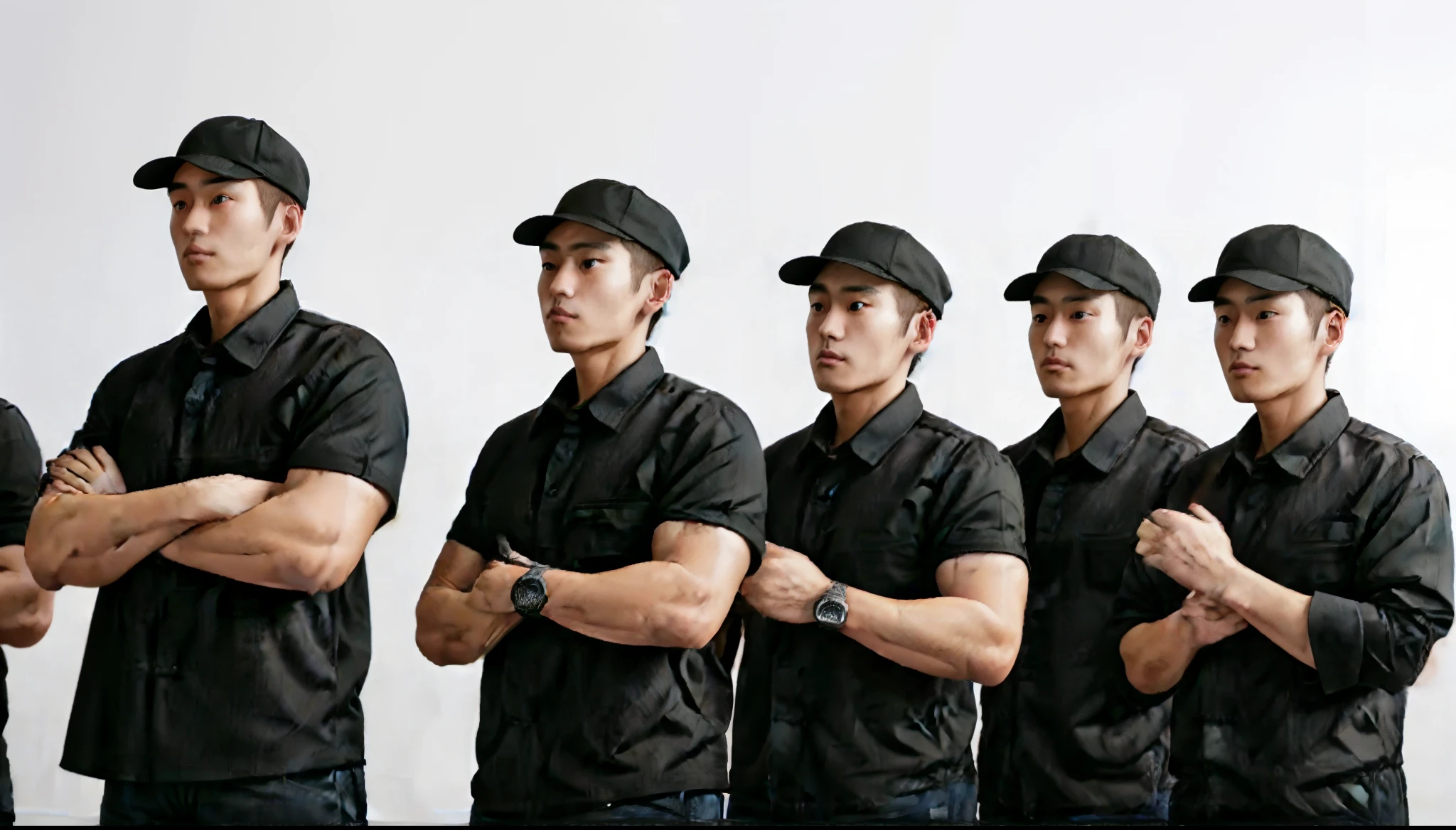 There were five men in black shirts and hats standing in a row, inspired by Xi Gang, chinnese mafia, preparing to fight,  police officers, Kungfu, Military, zun, Family, Beginner,White background