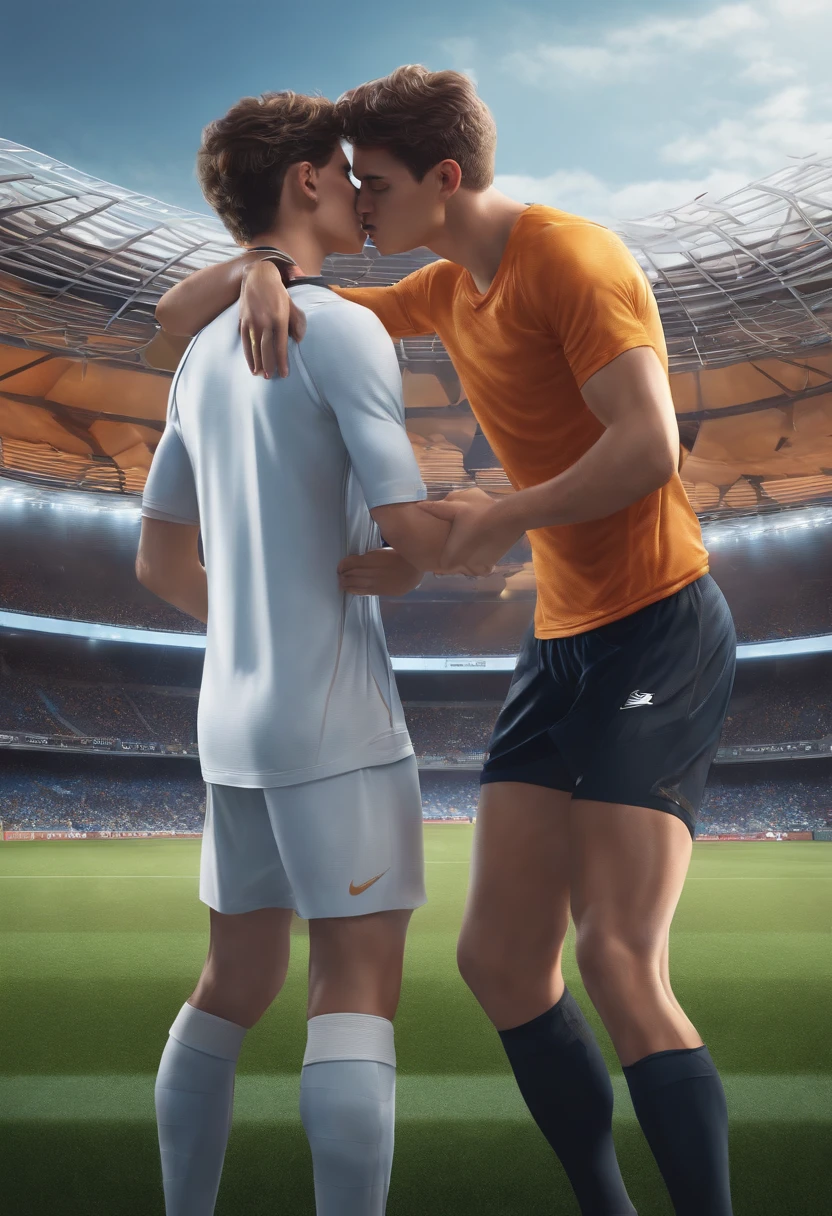 (masterpiece),(best quality:1.0), (ultra highres:1.0), detailed illustration, 8k, 20yo boys, kissing, stocked bodies with abs. At soccerpratice, covered with cum on their faces