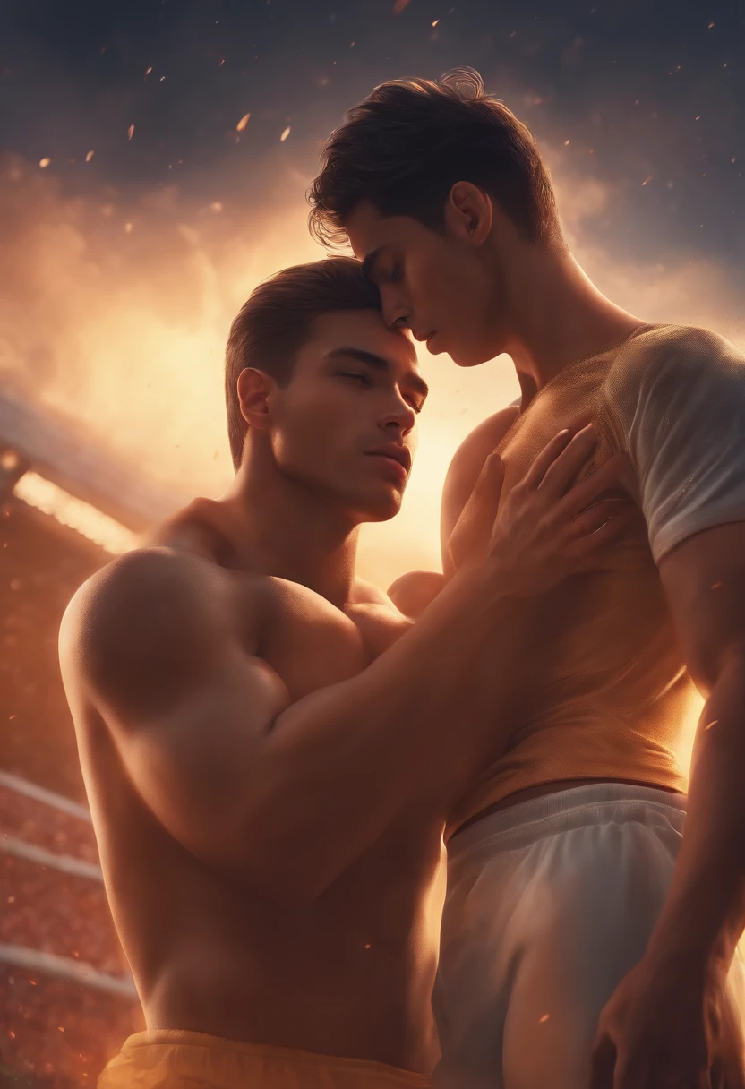 (masterpiece),(best quality:1.0), (ultra highres:1.0), detailed illustration, 8k, 20yo boys, kissing, stocked bodies with abs. At soccerpratice, covered with cum on their faces