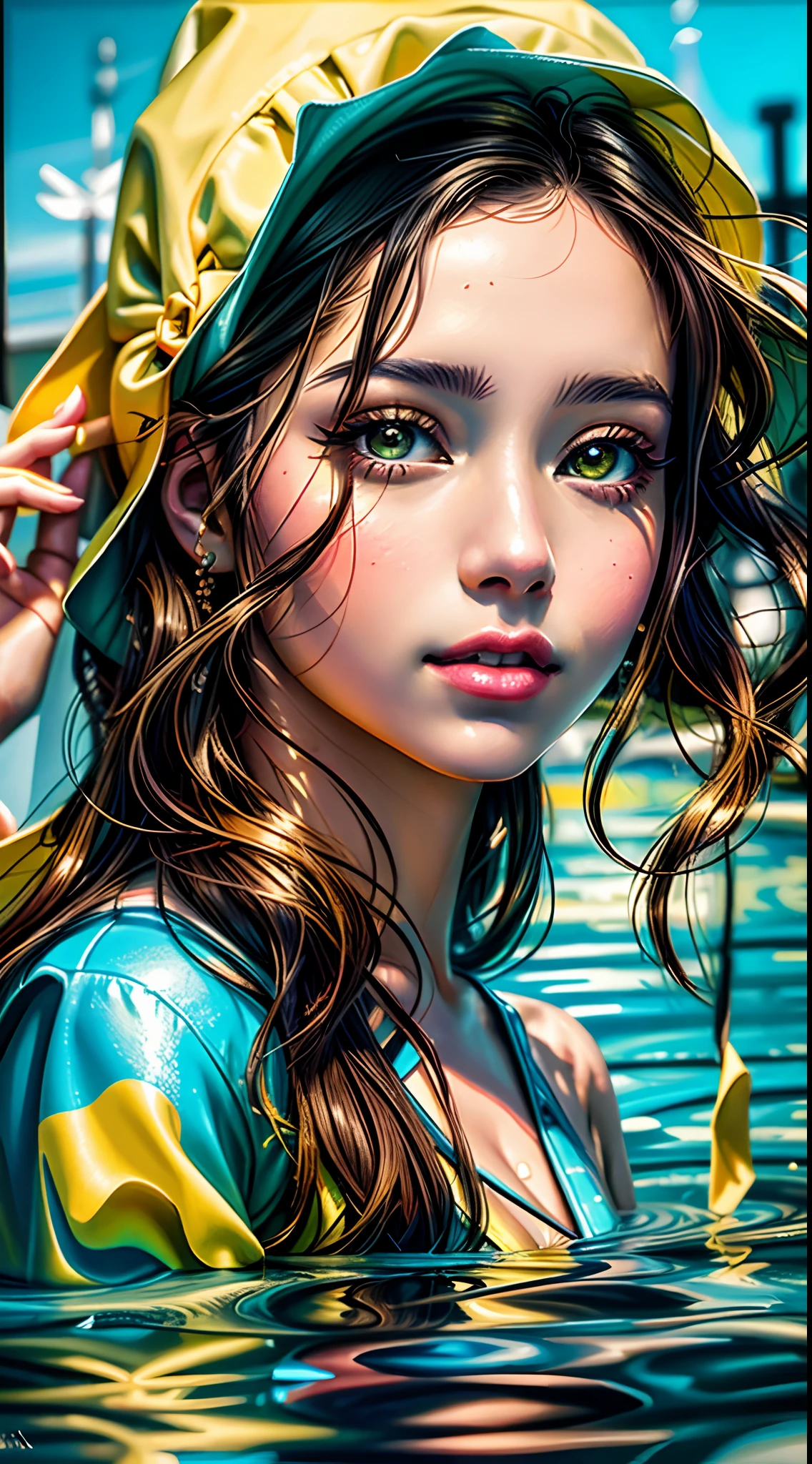 A closeup of a young woman in a yellow hat in a swimming pool, pintura realista da menina bonito, Pintura realista, estilo de arte realista, pintura realista bonita, Arte no estilo de Guweiz, pintura realista detalhada, pintura digital realista, Arte digital Ilya Kuvshinov, realistic oil painting, pintura digital ultra realista, estilo de pintura realista, pintura detalhada realista