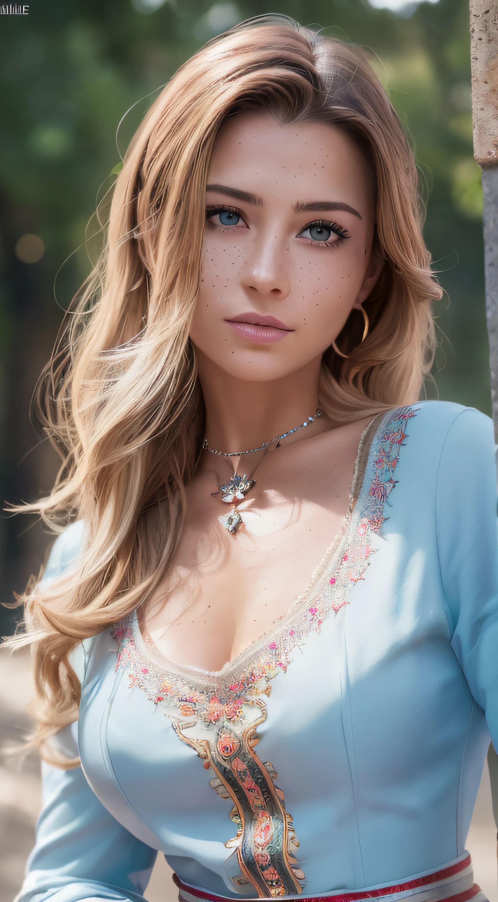 8k, RAW photo, highest quality),(epic realistic:1.5), a girl, dynamic posture, Detailed face, blouse,(detailed eyes:0.8),(looking at the camera:1.4), (highest quality), (best shadow), intricate details, cinematic,((skin:1.4)), interior, dark studio,(hdr:1.5), detailed, muted colors, freckles, silver necklace, silver earring, long flowing wavy hair, smooth hair, hair down, hair back ((Magazine catalog page with word description paragraphs)),ultra detailed photograph of beautiful woman, ((traditional uniform scrubs as a traditional dress woman)), golden jewelry, shiny, sunlight fractal details, (Anna Steinbauer:1.20), depth of field, HOF, hall of fame, detailed gorgeous face, apocalyptic environment, natural body posture, professional photographer, captured with professional DSLR camera, trending on Artstation, 64k, ultra detailed, ultra accurate detailed, bokeh lighting, surrealism, Thomas Kinkade background, urban, ultra unreal engine, ((Pauline Voß)), ((Pascal Quidault)), ((Anna Helme)), Martina Fackova, intricate, epic, freckles, peach fuzz, detailed mascara. in the background is a beaches.