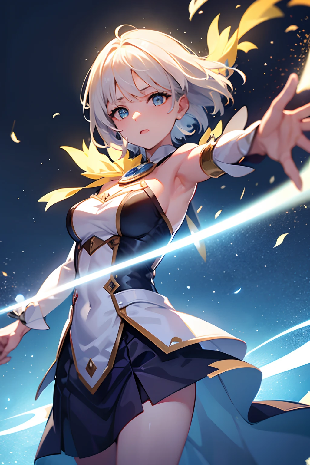 A short-haired girl releases a white blade of light! While activating the magic, the background looked like it was being fanned by the wind due to the magic chant, and a shock wave was coming out, centered on the girl.