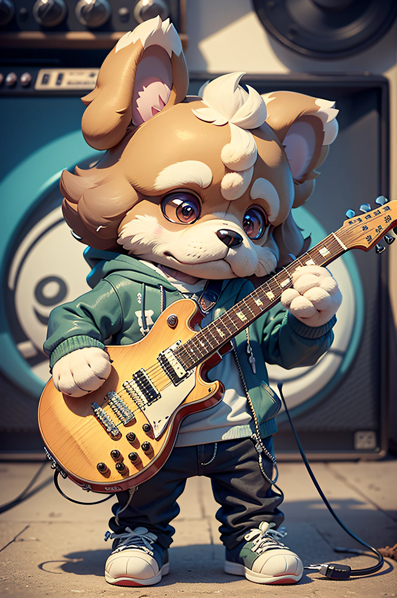 boy, hamster, furry, bodyfur, tail, purple collar, purple bra, bottomless, purple gloves, purple boots, chibi, sparkling eyes, from below, cute, playing bass guitar, singing