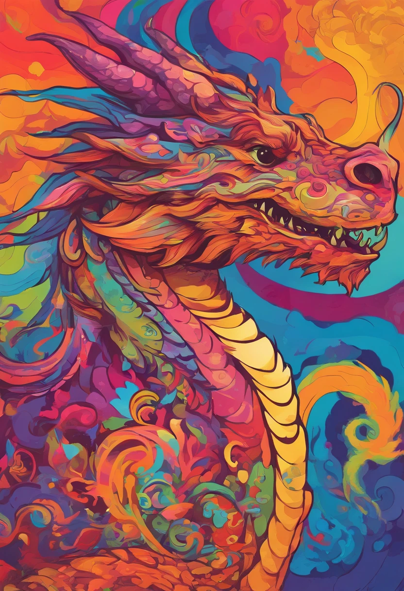 Cute dragon profile portrait, Savage colors, bold patterns, Multi-layer collage