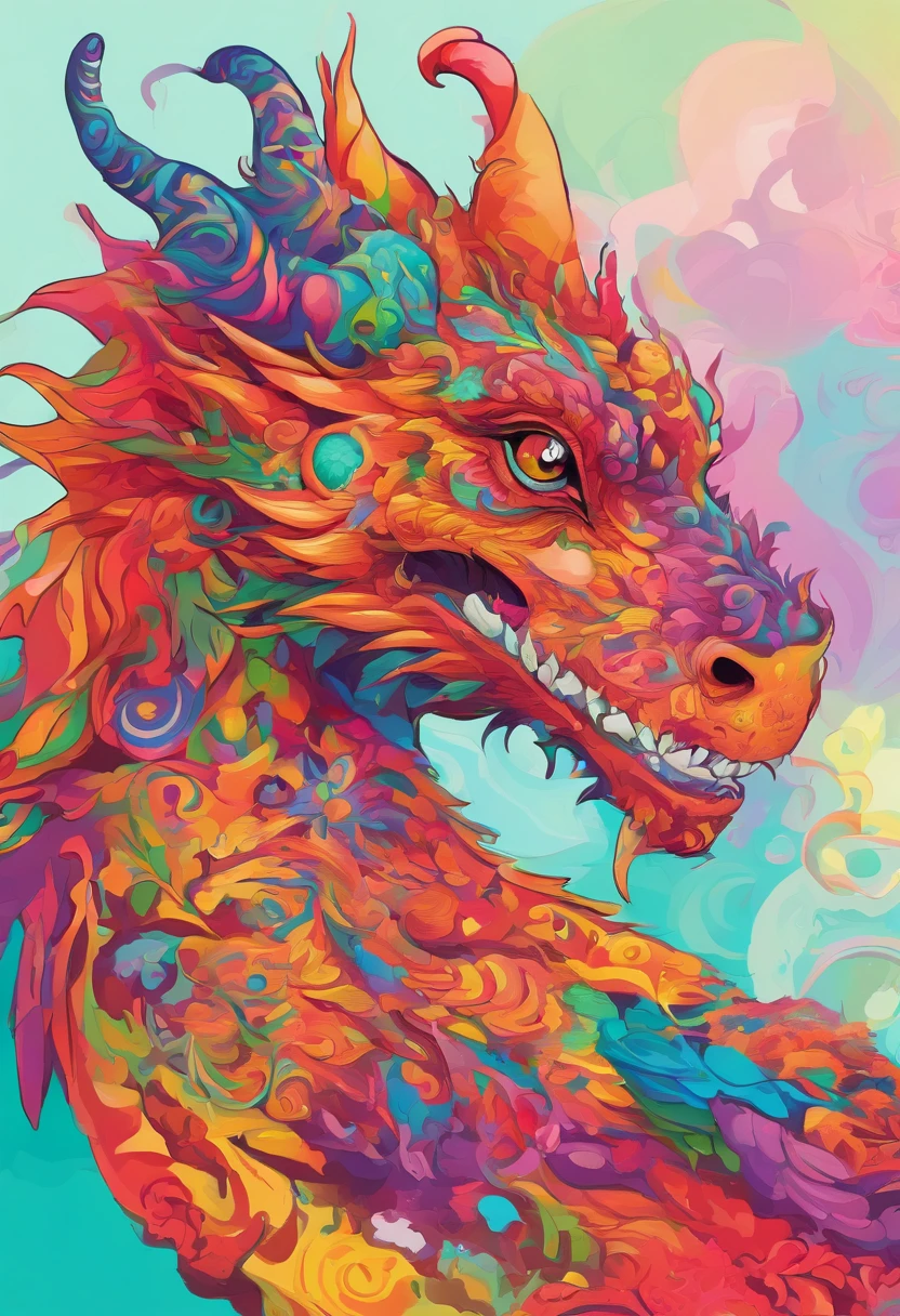 Cute dragon profile portrait, Savage colors, bold patterns, Multi-layer collage