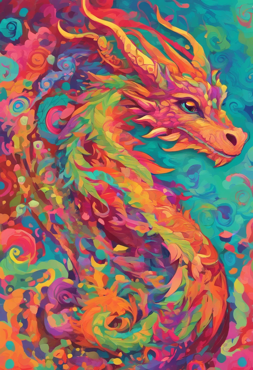 Cute dragon profile portrait, Savage colors, bold patterns, Multi-layer collage