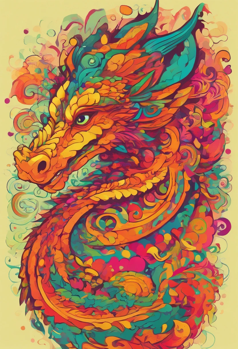 Cute dragon profile portrait, Savage colors, bold patterns, Multi-layer collage