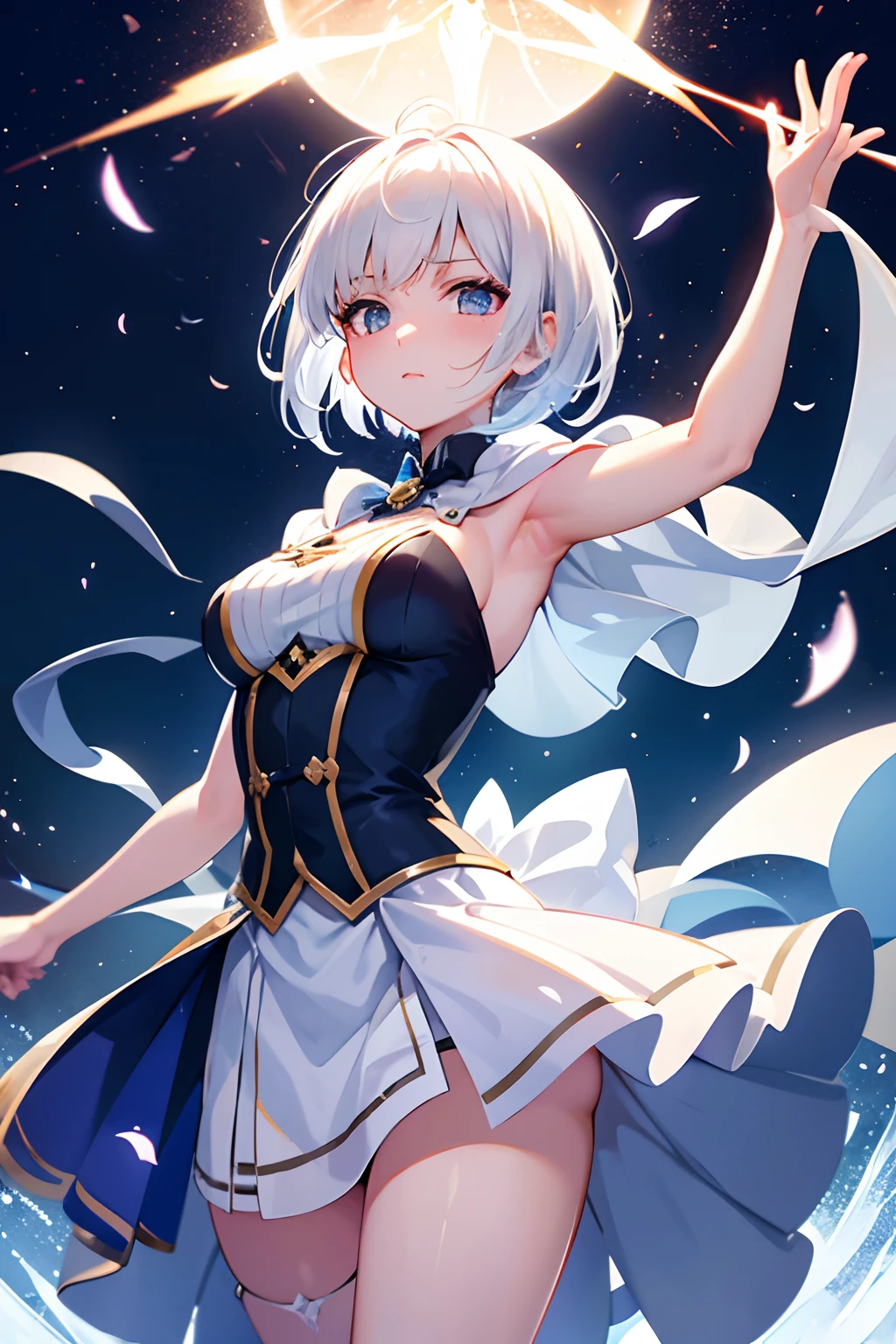 A short-haired girl releases a white blade of light! While activating the magic, the background looked like it was being fanned by the wind due to the magic chant, and a shock wave was coming out, centered on the girl.