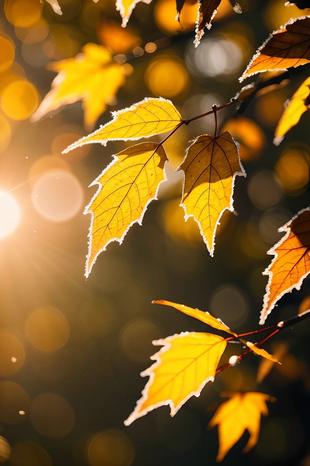 macro, autumn leaves, covered with a thin layer of frost, cinematics light, ray of light, bokeh