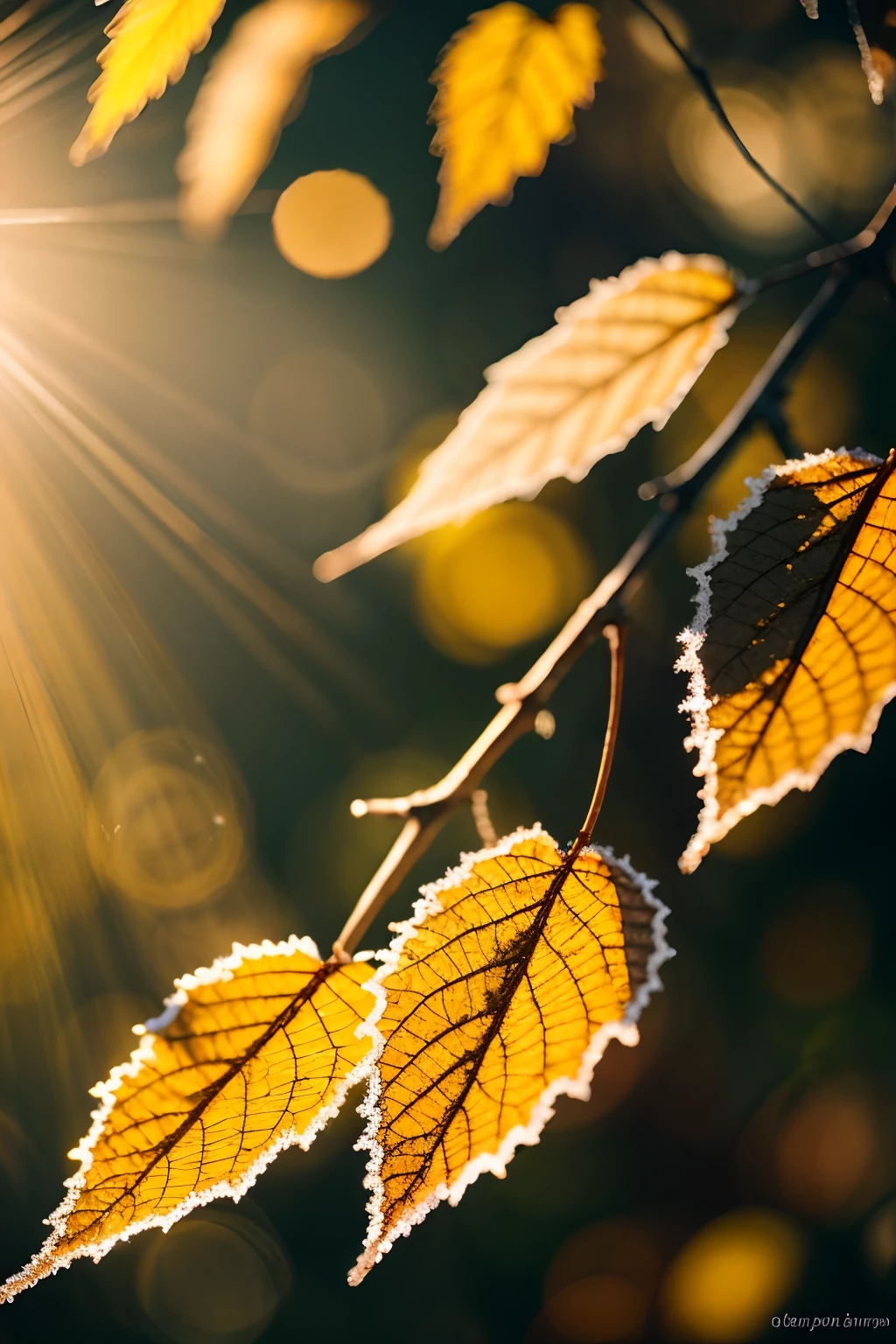 macro, autumn leaves, covered with a thin layer of frost, cinematics light, ray of light, bokeh