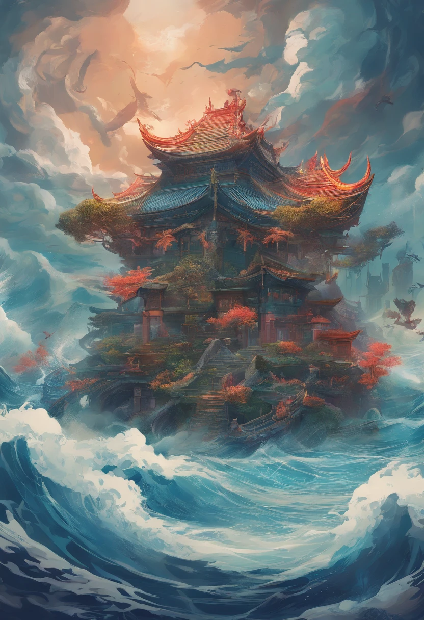 China-style,Chinese mythology, Girl,Xuanwu,faucet,Turtle body,Heavy tortoiseshell shell,Snake tail,has horns on its head,tosen,Ferocious,gargantuan,The eyes glow blue light,the sea,Huge waves,surrounded by cloud,中景 the scene is,Full body like, highly detailed surreal vfx,oc rendered, - AR 16:9 --q 2 --s 1000
