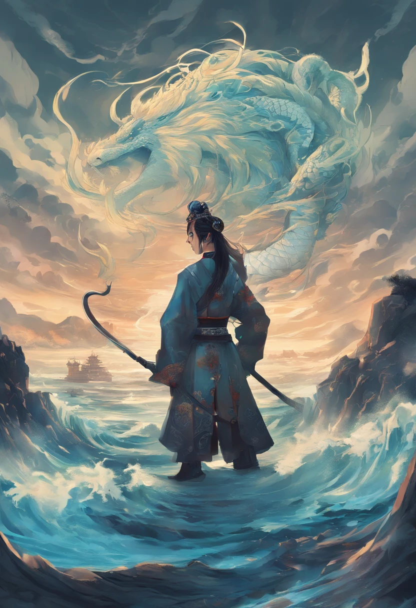 China-style,Chinese mythology, Girl,Xuanwu,faucet,Turtle body,Heavy tortoiseshell shell,Snake tail,has horns on its head,tosen,Ferocious,gargantuan,The eyes glow blue light,the sea,Huge waves,surrounded by cloud,中景 the scene is,Full body like, highly detailed surreal vfx,oc rendered, - AR 16:9 --q 2 --s 1000