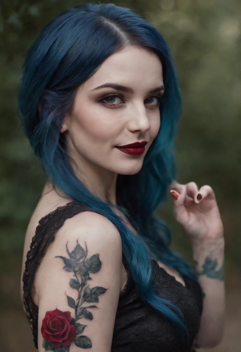 A Colored Tattoo Art Masterpiece, Gothic, Blue  hair, creepy smiling,  Blood and roses,  detailed and Intrincicated, HD, Bioluminicense