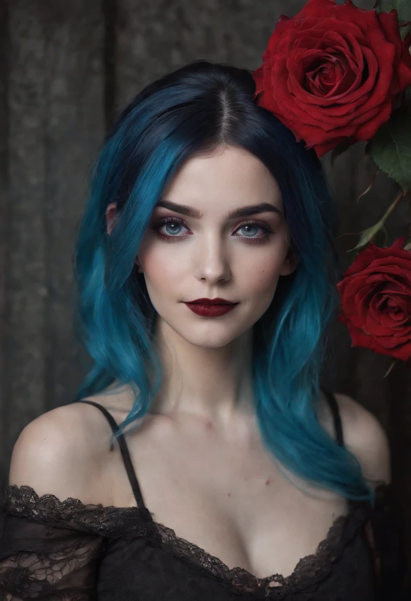 A Colored Tattoo Art Masterpiece, Gothic, Blue  hair, creepy smiling,  Blood and roses,  detailed and Intrincicated, HD, Bioluminicense