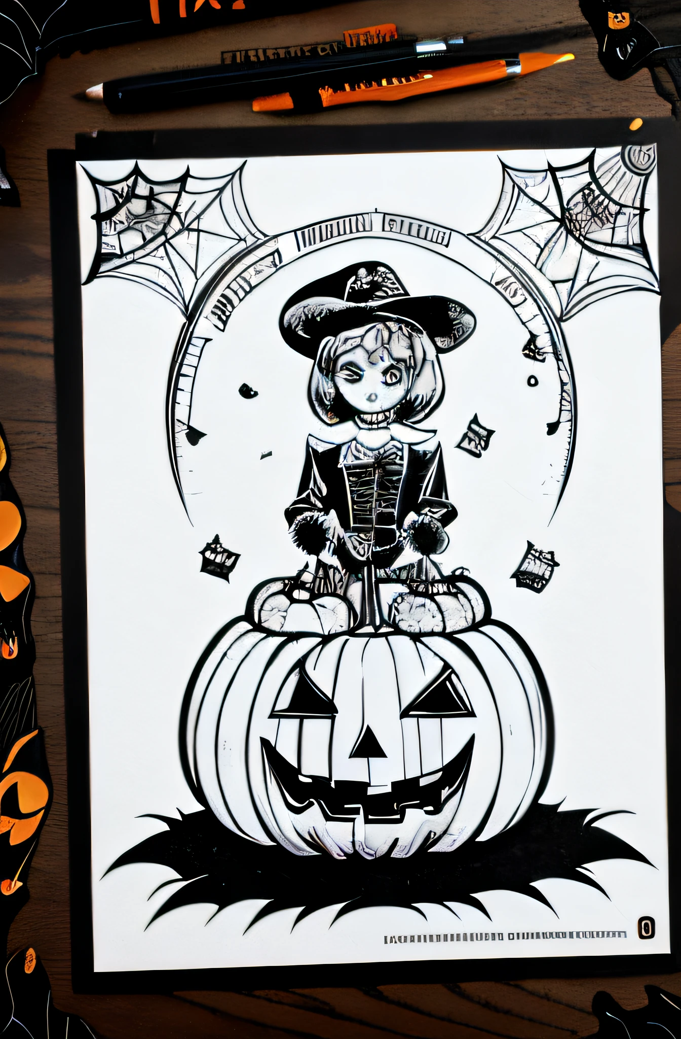 a coloring page with a cartoon character and a pumpkin, lineart inspired by Thomas Nast, reddit, happening, spooky halloween theme, line art colouring page, clean coloring book page, halloween theme, halloween art style, halloween celebration, coloring book page, halloween atmosphere, in a halloween style, halloween scene, colouring - in sheet, coloring book outline, spooky halloween night