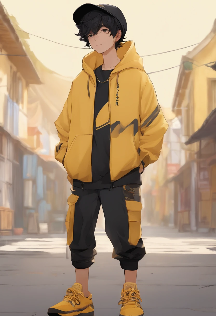 1boy, Full body, Simple background, 年轻,short height, Doribly Boy, Black hair, with small cap, Yellow clothes, Hoodie