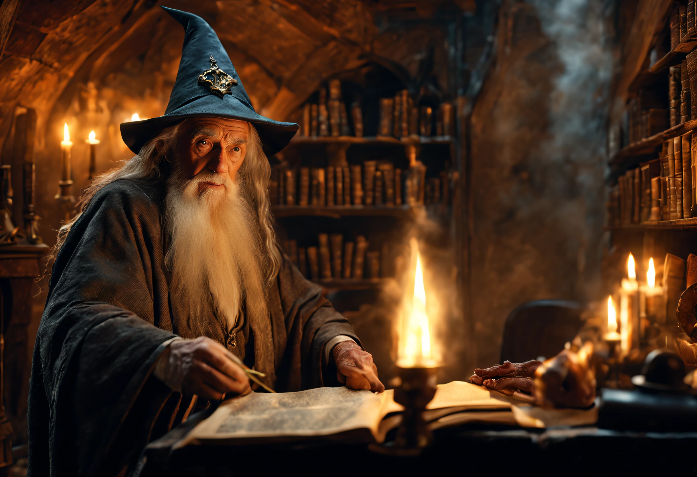 best quality, 4k, 8k, high resolution, masterpiece: 1.2), ultra detailed, (realistic, photorealistic, photorealistic: 1.37). A wise old wizard in an old room, casting magic spells. Tolkien-style magical atmosphere.