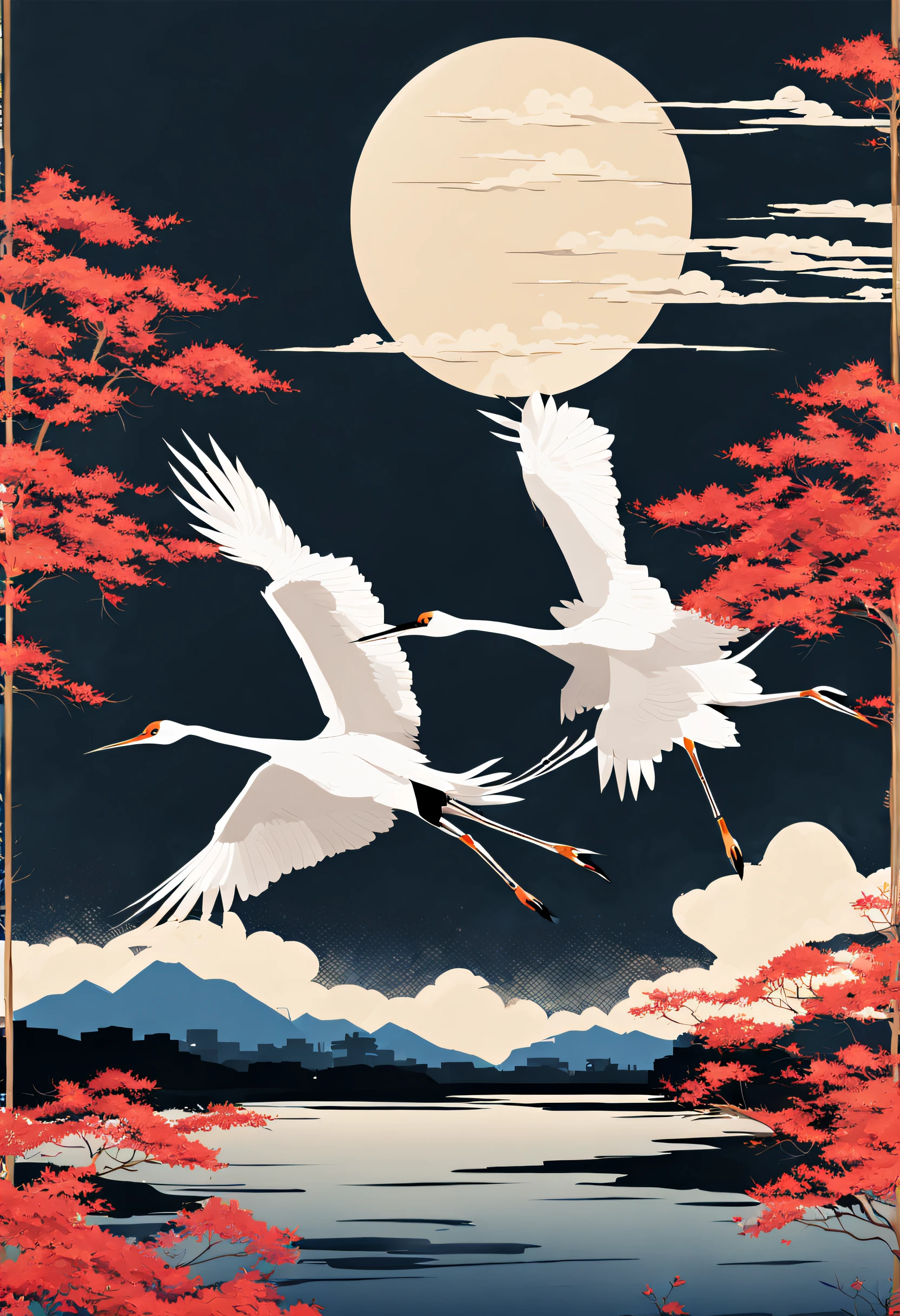 (japanese-inspired),(2 Cranes flying in the sky:1.8),Ultra-long viewing angle,no man,scenecy,best qualtiy,masutepiece