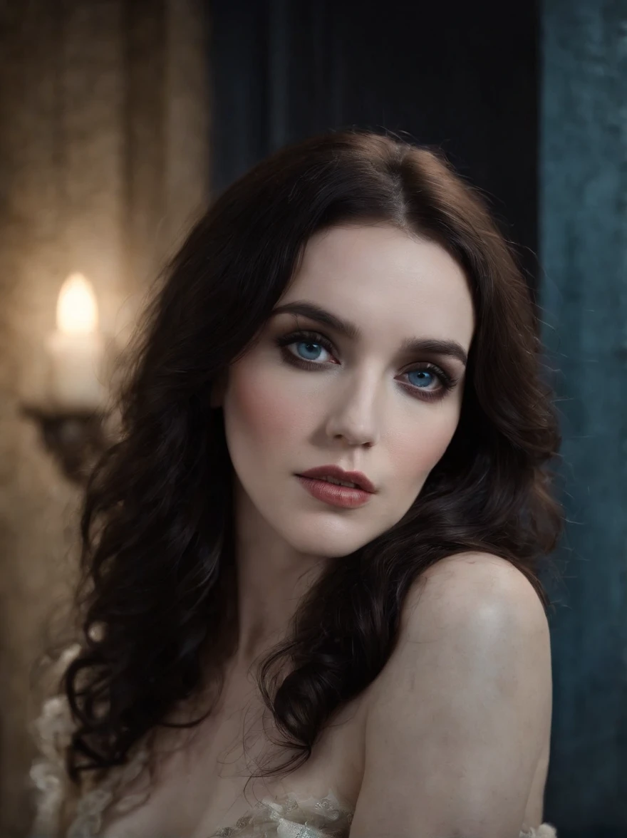 cinematic of a fairy of death.dark, godly photo r3al,detailmaster2,aesthetic ,gh3a. evil, full-body naked woman looks like (((Isabelle Adjani in Possession movie))), tattoo, blood, sexy, dark blue eyes, dark makeup, blue lights
