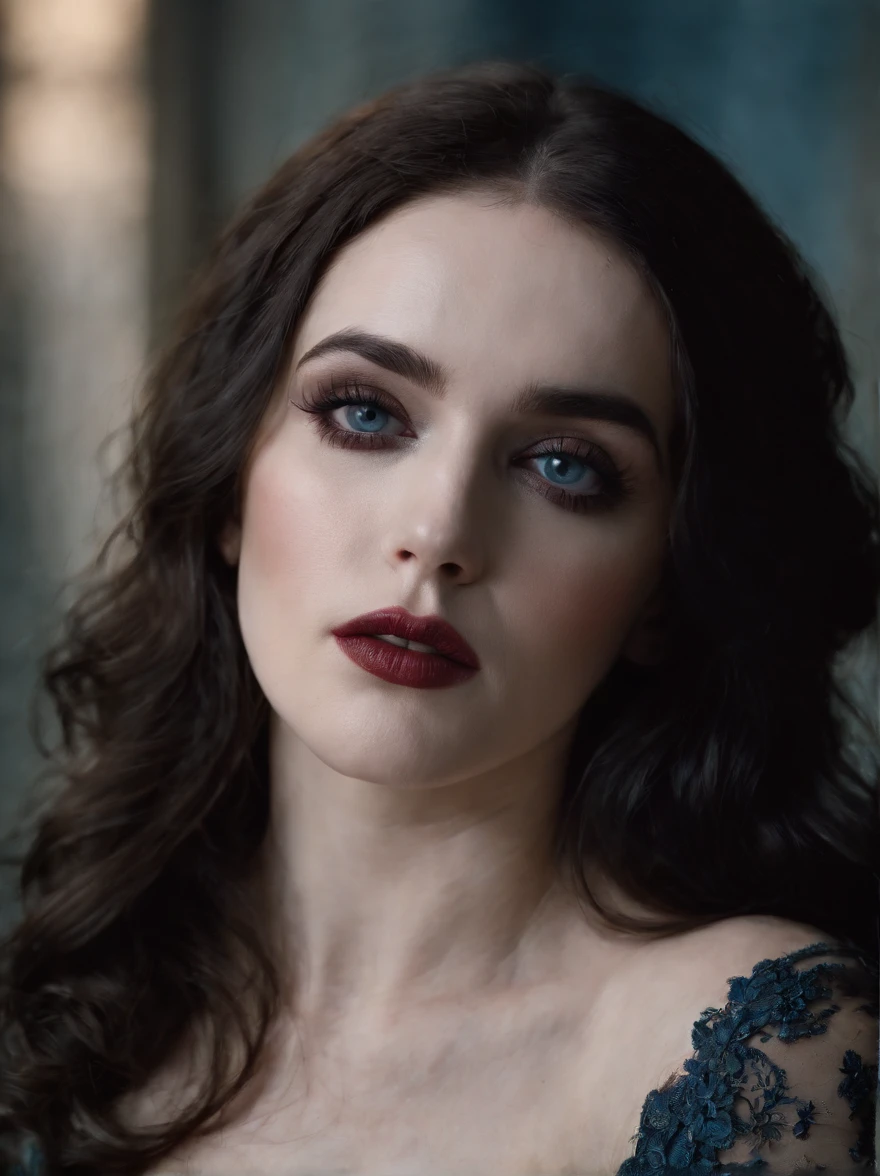 cinematic of a fairy of death.dark, godly photo r3al,detailmaster2,aesthetic ,gh3a. evil, full-body naked woman looks like (((Isabelle Adjani in Possession movie))), tattoo, blood, sexy, dark blue eyes, dark makeup, blue lights