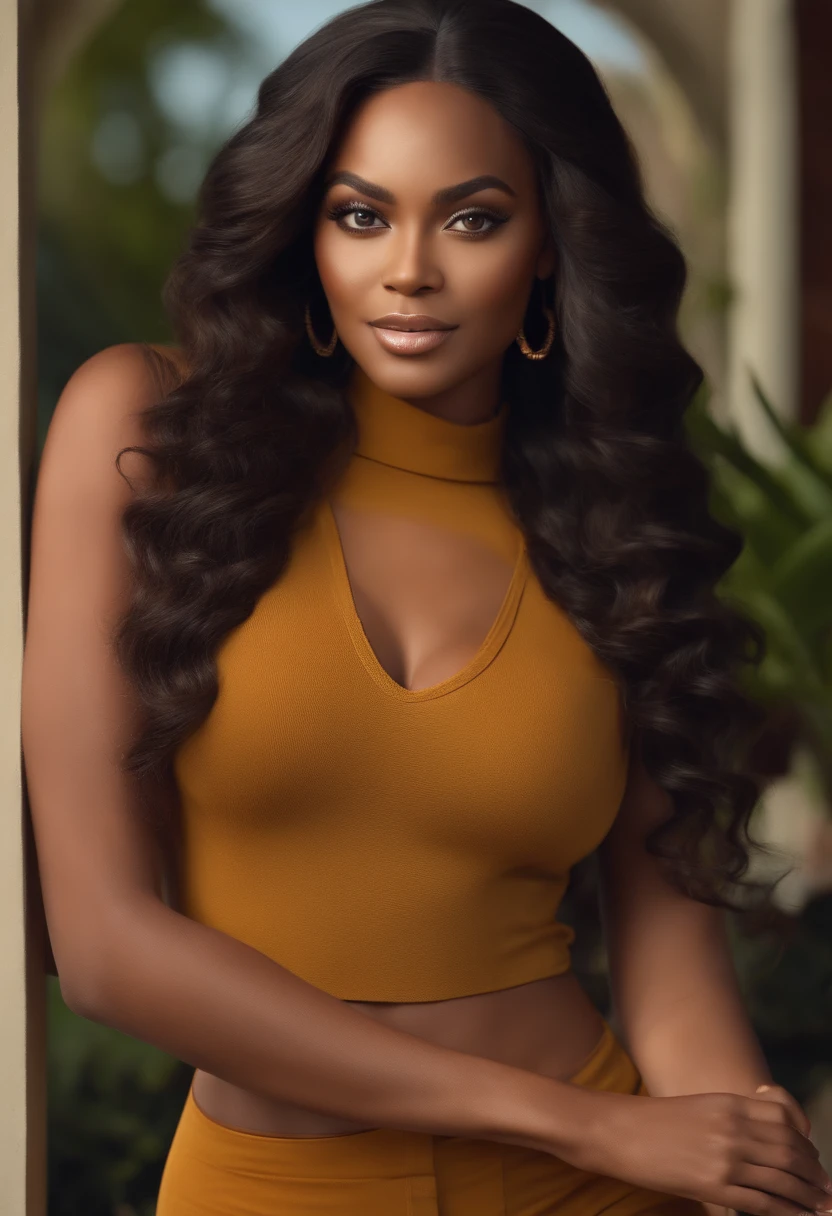 Ultra realistic, 4K, black hairs, (masterpiece, best quality), beautiful african woman who looks like Beyonce, detailed sleeveless turtleneck top, pants, necklace, wavy hair, perfect face, beautiful face, alluring, big gorgeous eyes, happy, hourglass figure (outdoor), office