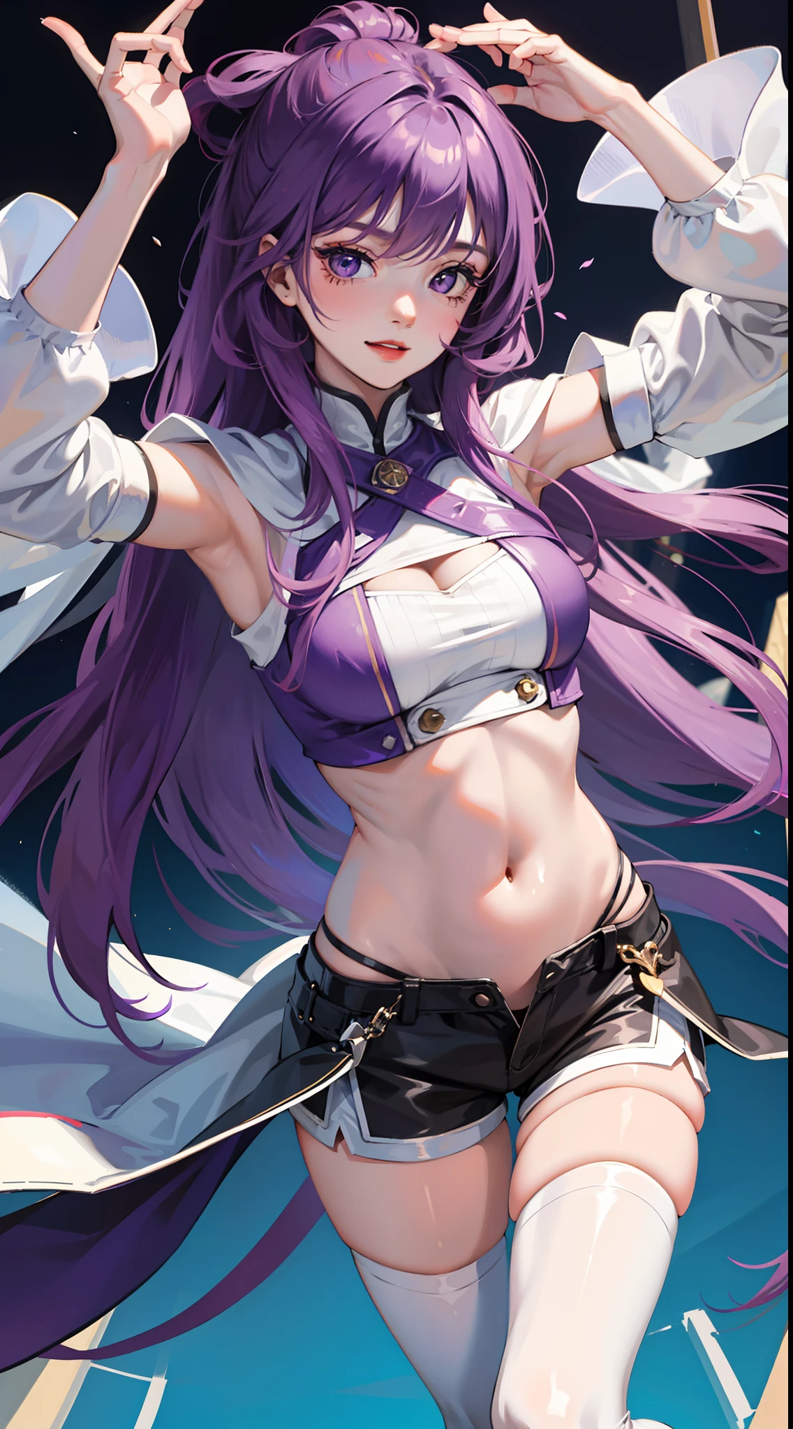 young girl, long purple hair, white tight top, cape, Shorts, open belly, ssmile, Masterpiece, hiquality, 4k, HD, Good detail