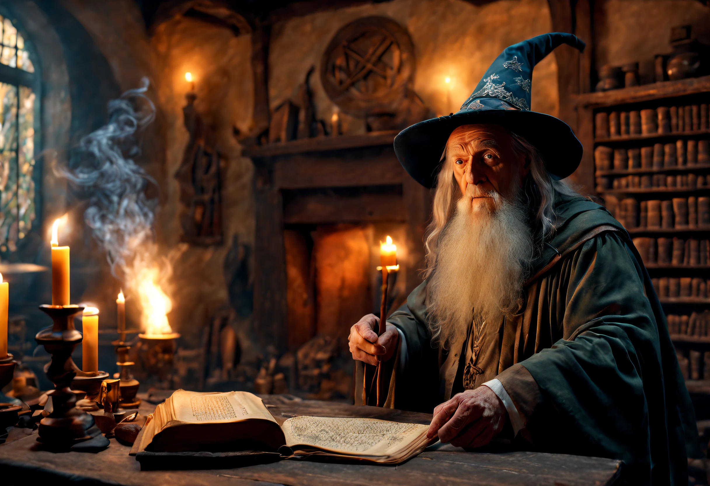 best quality, 4k, 8k, high resolution, masterpiece: 1.2), ultra detailed, (realistic, photorealistic, photorealistic: 1.37). A wise old wizard in an old room, casting magic spells. Tolkien-style magical atmosphere.