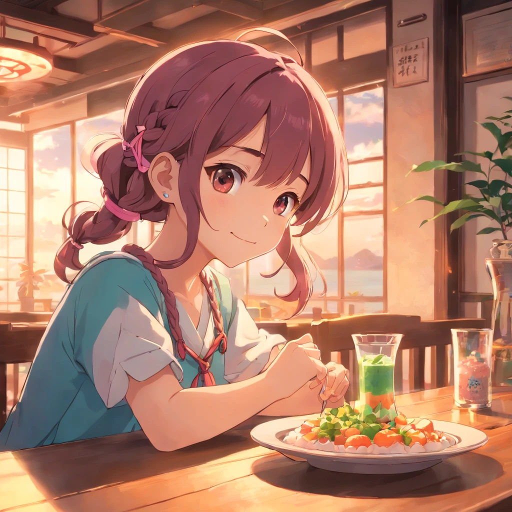 5 year old girl sitting at the dining table,largeeyes,ssmile,Juice on the table,for breakfast,Sunny sea view from the window,Warm and healing,Cute expressions,Roses by the window,Colored rope braided hair,shining brightly,Half-blood kawaii,Bohemian dream earrings,Pink dopamine atmosphere